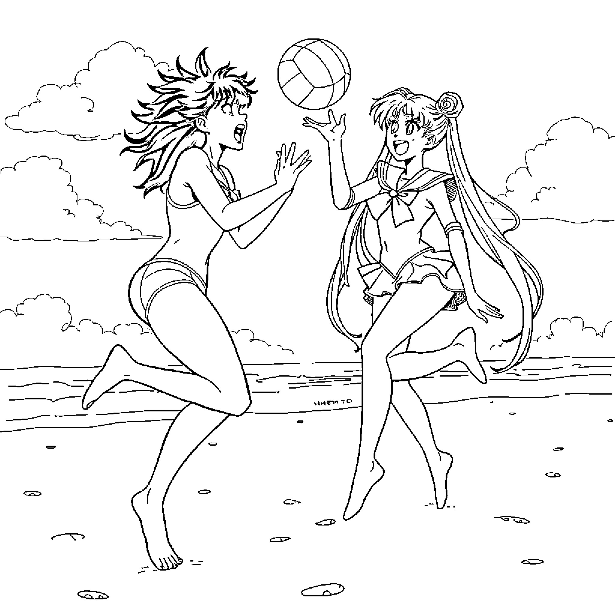 Sailor Moon playing volleyball on the beach Coloring Page (free black-and-white line drawing printable PDF for all, from beginners to advanced learners, including children, teens, adults, and seniors)