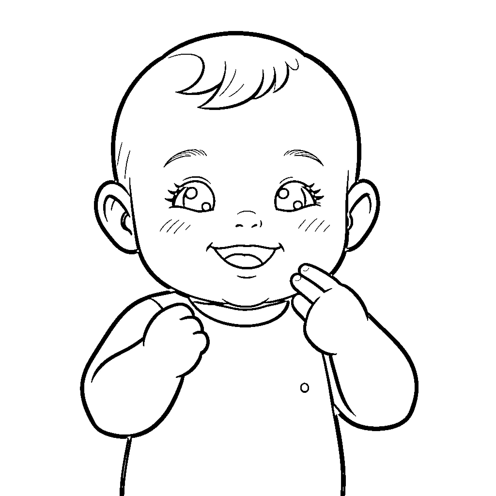 Baby smiling happily and touching face Coloring Page (free black-and-white line drawing printable PDF for all, from beginners to advanced learners, including children, teens, adults, and seniors)