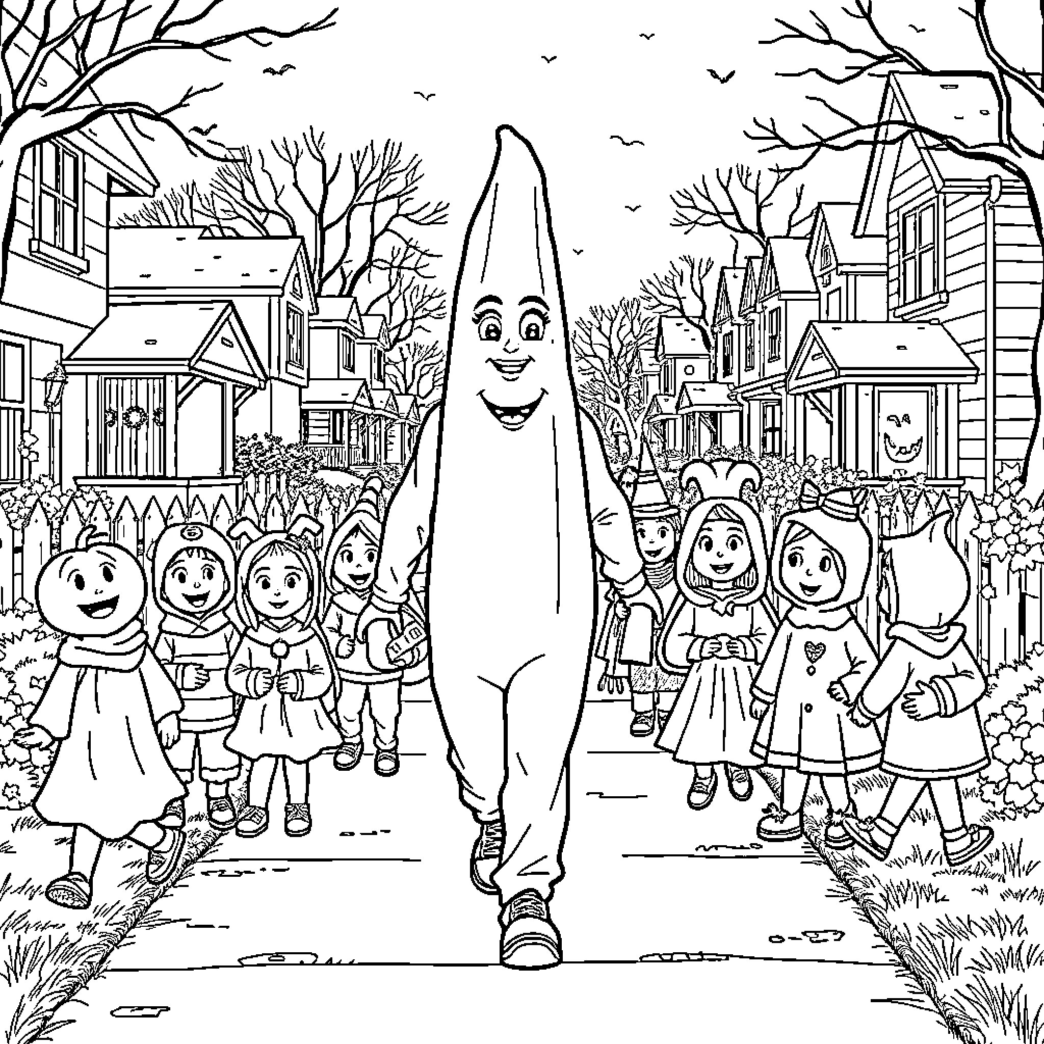 Man in costume leads children in parade through town Coloring Page (free black-and-white line drawing printable PDF for all, from beginners to advanced learners, including children, teens, adults, and seniors)