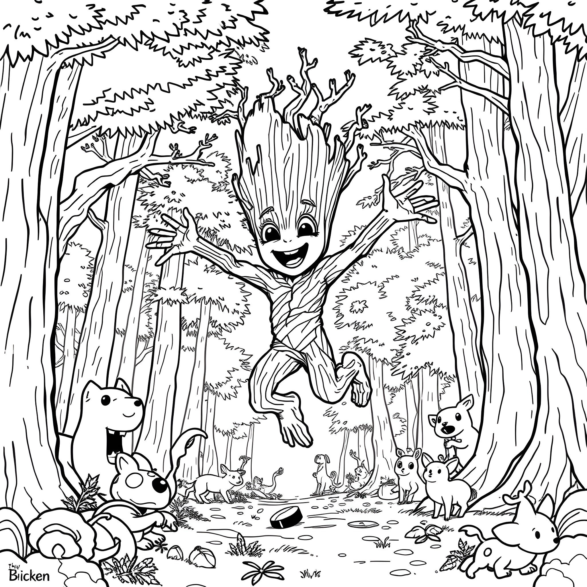 Groot dancing joyfully in the magical forest Coloring Page (free black-and-white line drawing printable PDF for all, from beginners to advanced learners, including children, teens, adults, and seniors)