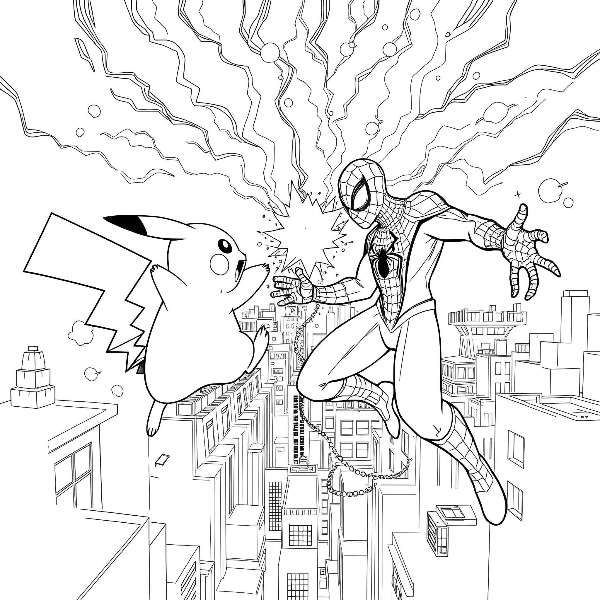 Pikachu and Spider-Man battle over the city Coloring Page (free black-and-white line drawing printable PDF for all, from beginners to advanced learners, including children, teens, adults, and seniors)