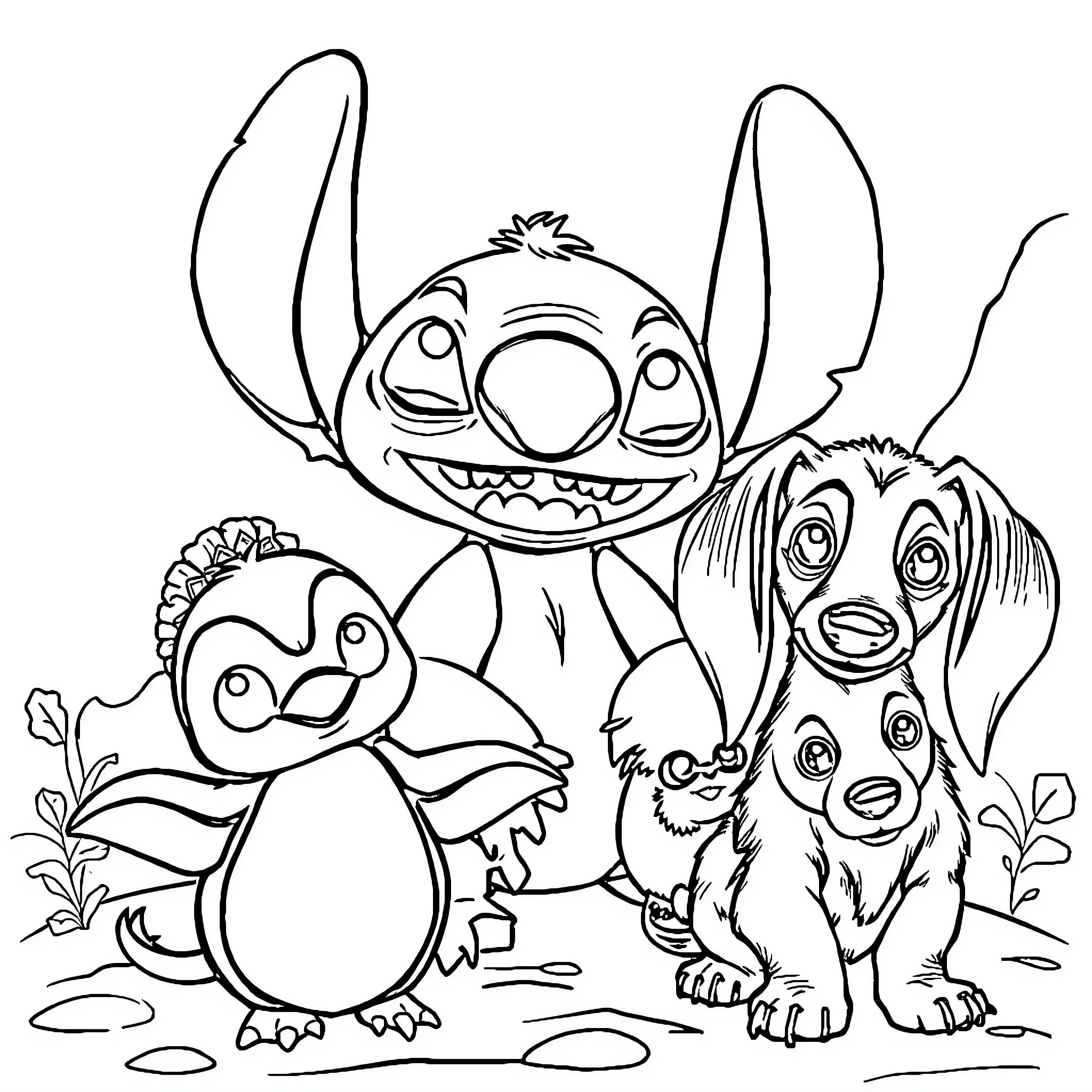Character playing with cute animal friends Coloring Page (free black-and-white line drawing printable PDF for all, from beginners to advanced learners, including children, teens, adults, and seniors)