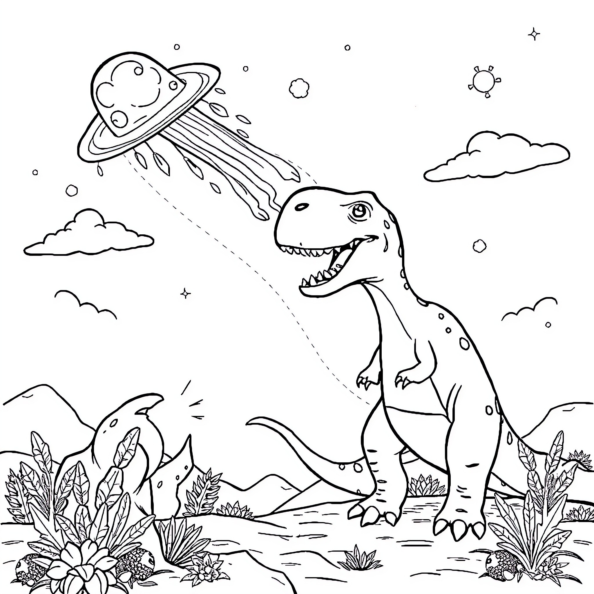 Dinosaur exploring the alien spacecraft in the sky Coloring Page (free black-and-white line drawing printable PDF for all, from beginners to advanced learners, including children, teens, adults, and seniors)