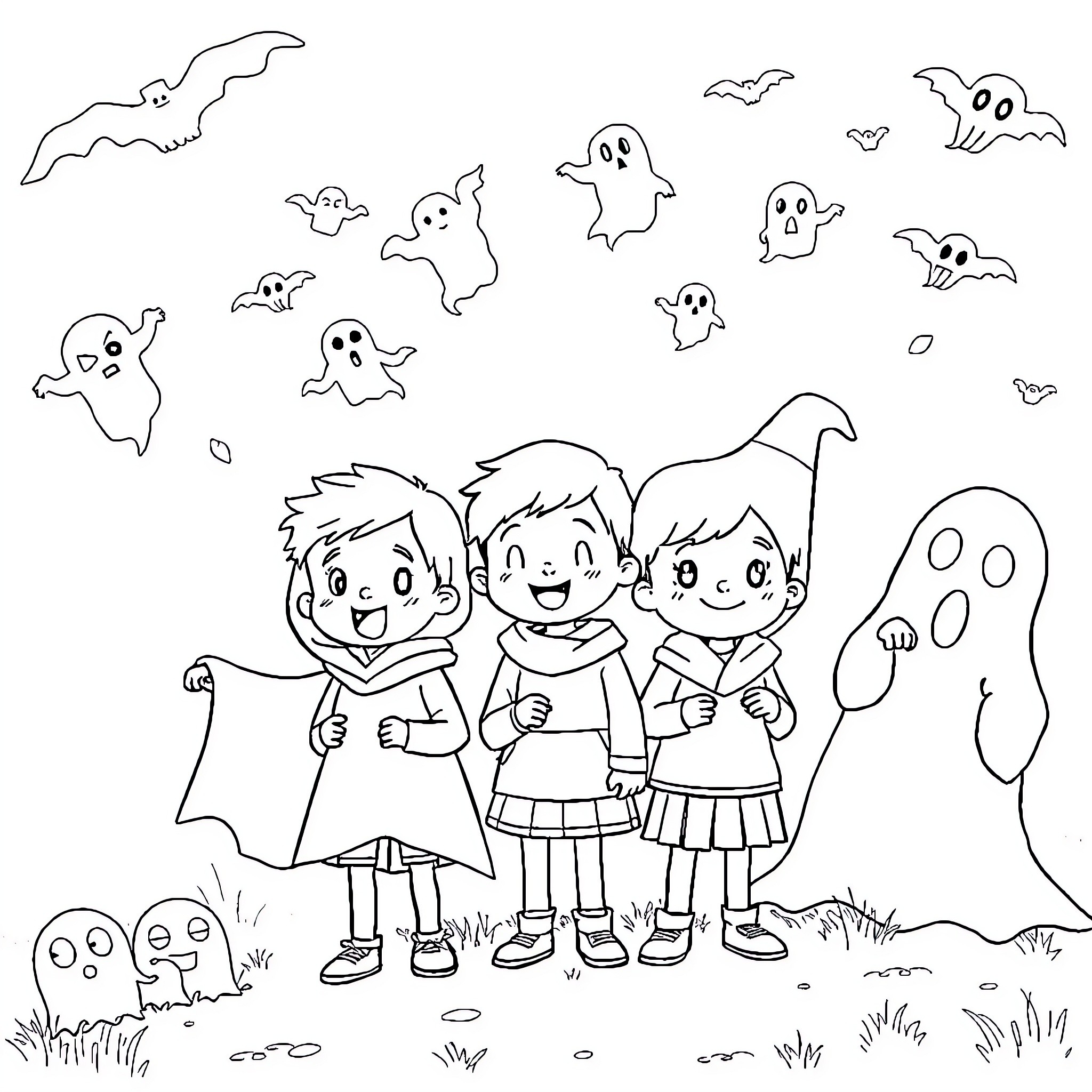 Die 3 ??? explore the ghostly landscape Coloring Page (free black-and-white line drawing printable PDF for all, from beginners to advanced learners, including children, teens, adults, and seniors)
