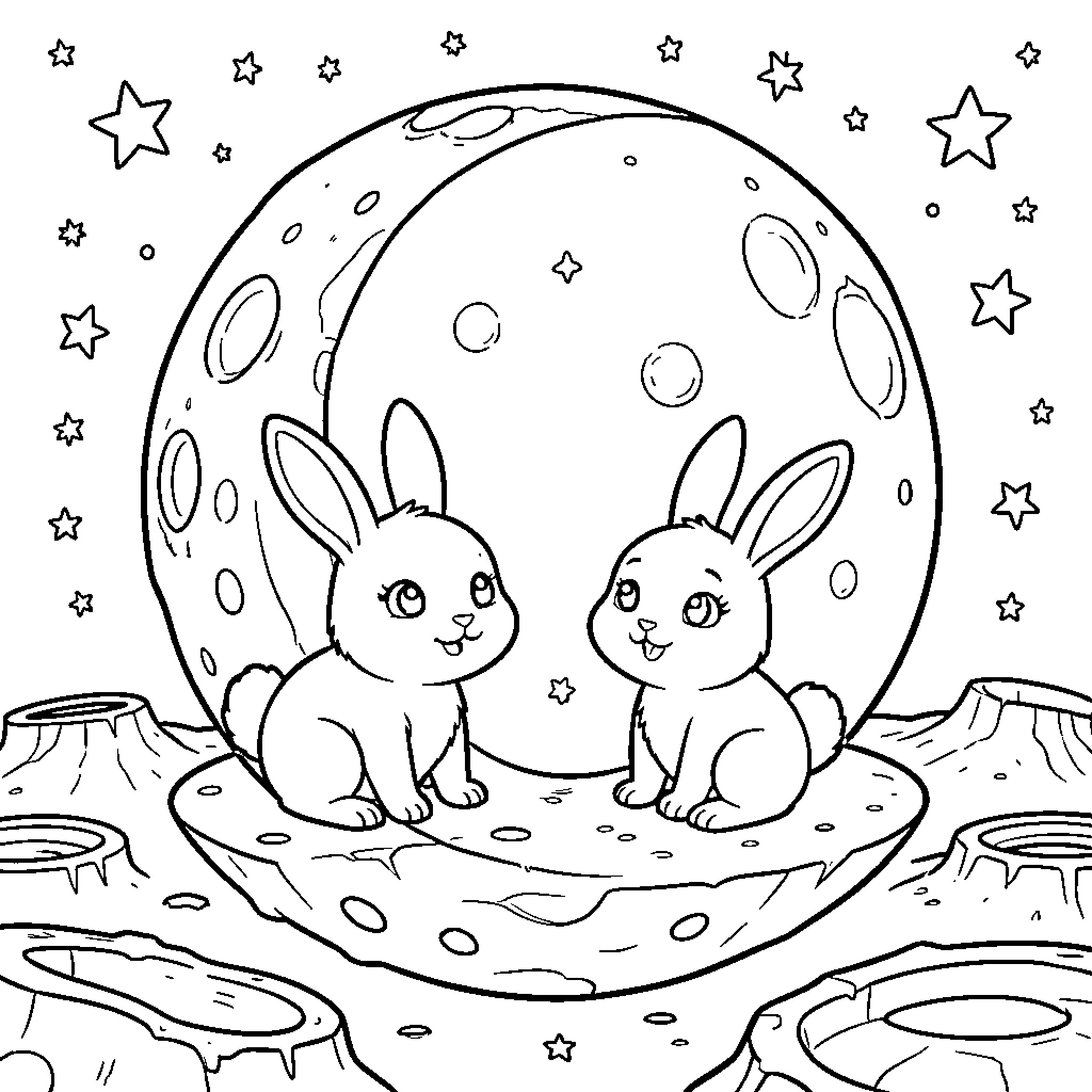 Conejito rabbits gazing at the moon with stars Coloring Page (free black-and-white line drawing printable PDF for all, from beginners to advanced learners, including children, teens, adults, and seniors)