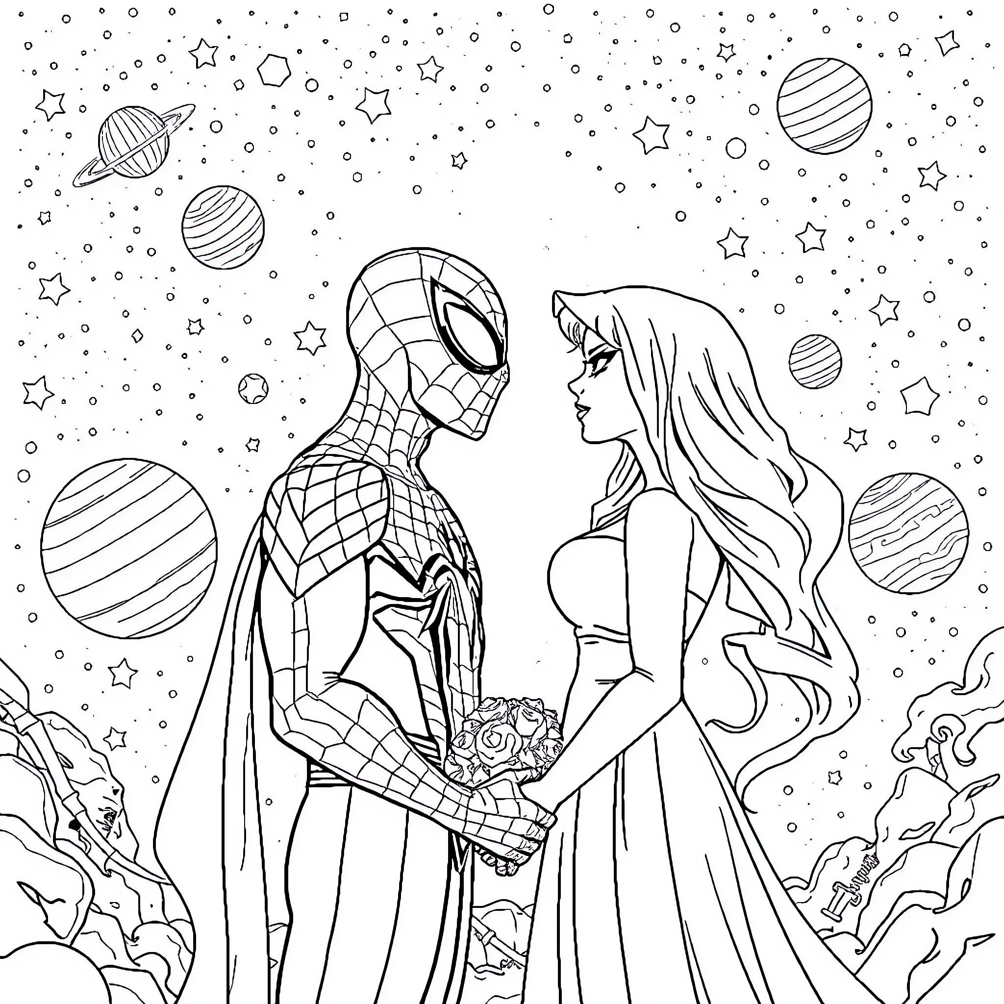 Spiderman and Heroine Encounter in Starry Night Coloring Page (free black-and-white line drawing printable PDF for all, from beginners to advanced learners, including children, teens, adults, and seniors)