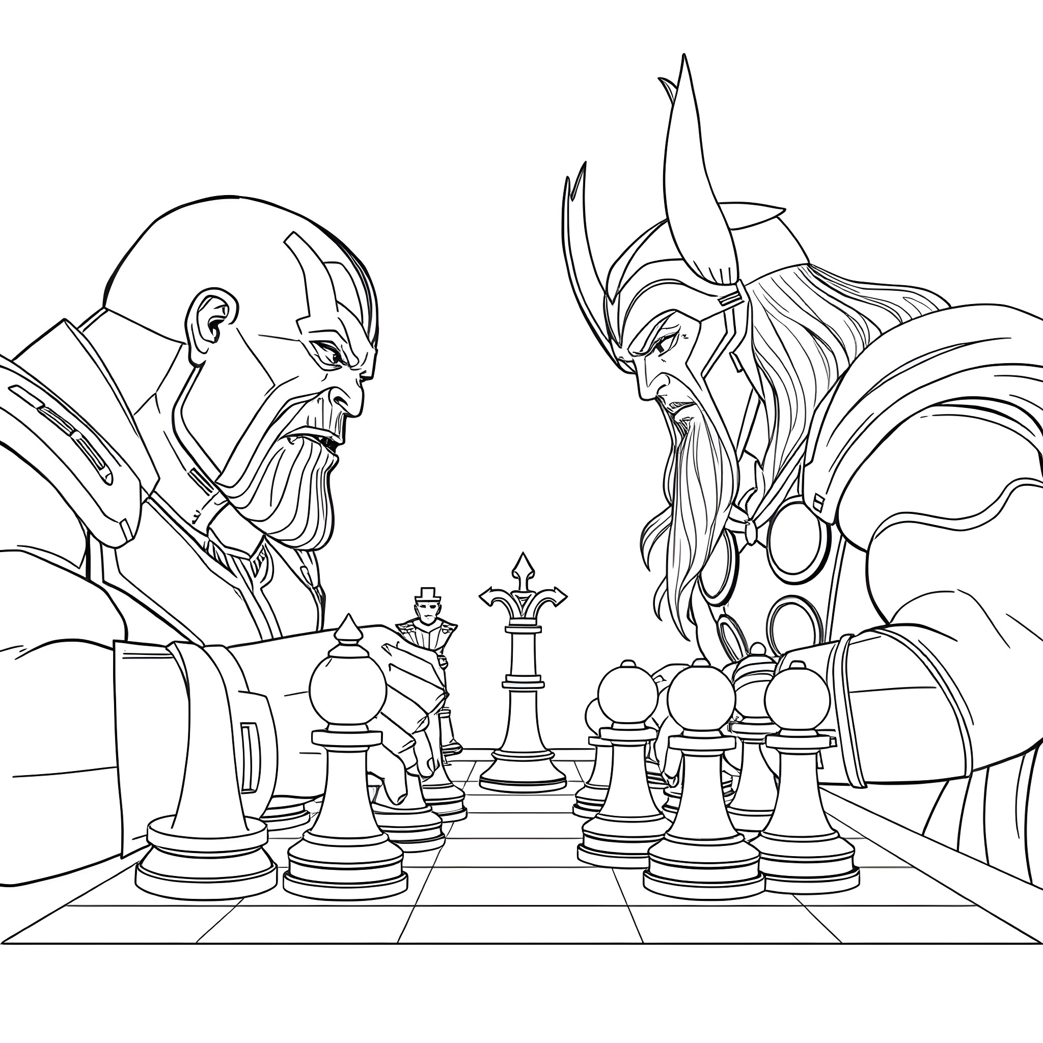Thanos and Thor facing off over a chess board Coloring Page (free black-and-white line drawing printable PDF for all, from beginners to advanced learners, including children, teens, adults, and seniors)