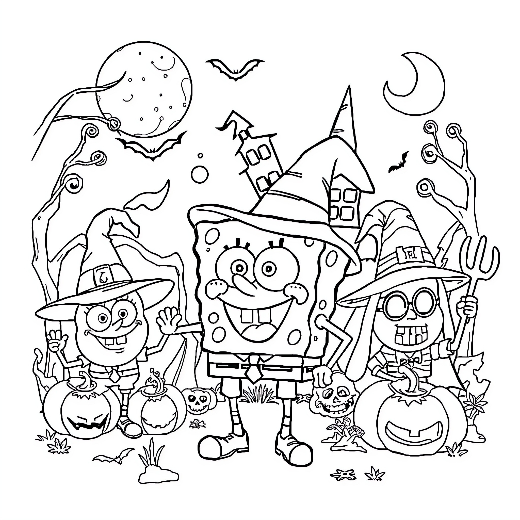 Spongebob's Spooky Halloween Adventure Coloring Page (free black-and-white line drawing printable PDF for all, from beginners to advanced learners, including children, teens, adults, and seniors)