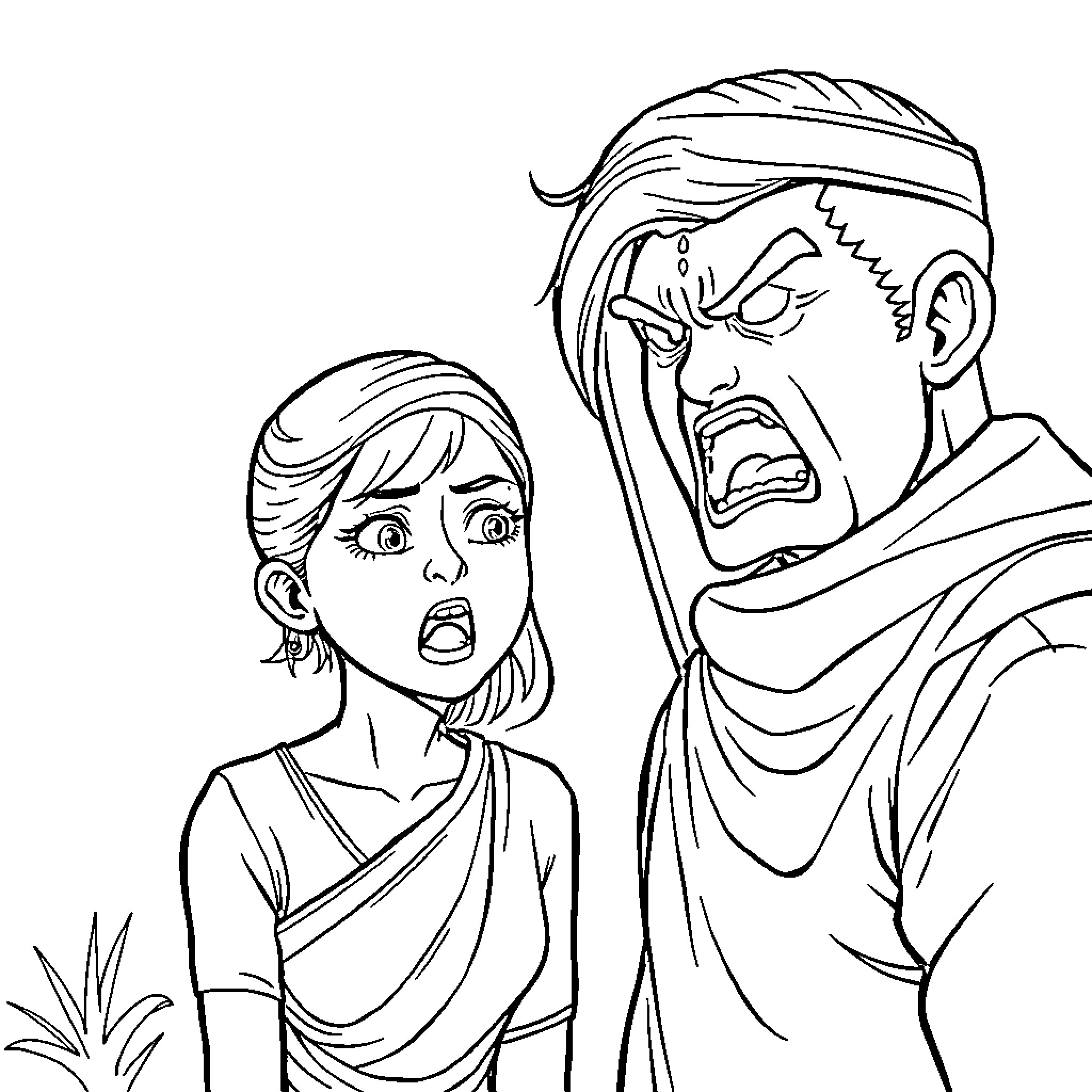 Woman and Man in Tense Confrontation Coloring Page (free black-and-white line drawing printable PDF for all, from beginners to advanced learners, including children, teens, adults, and seniors)