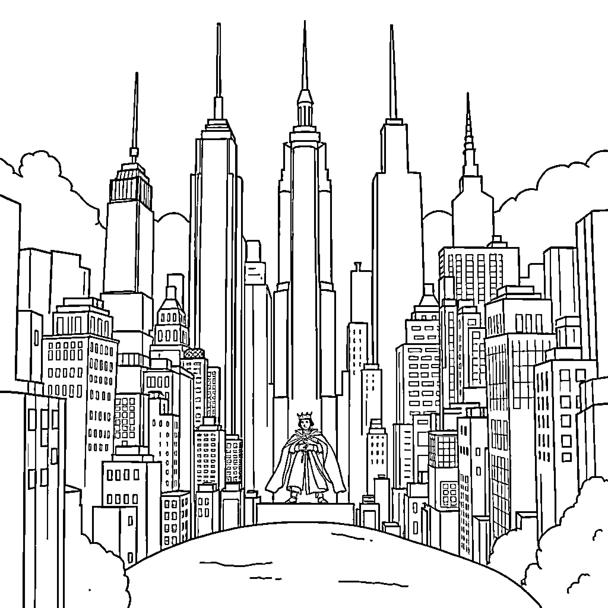 King's Realm: Majestic Skyscrapers in the Cityscape Coloring Page (free black-and-white line drawing printable PDF for all, from beginners to advanced learners, including children, teens, adults, and seniors)