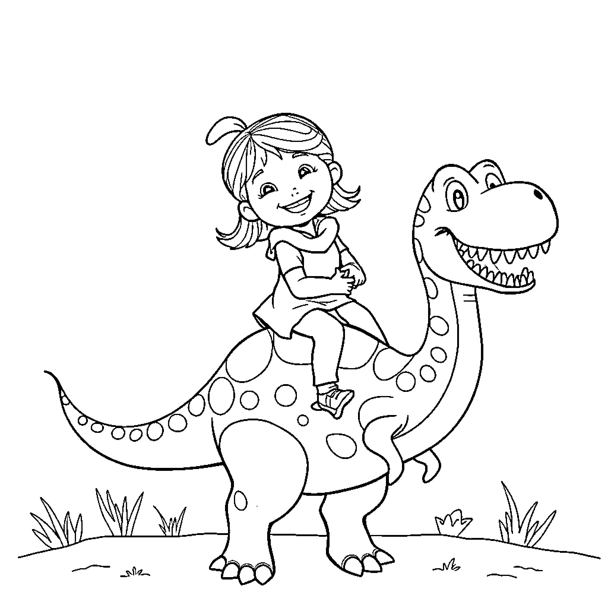 Girl riding a friendly dinosaur Coloring Page (free black-and-white line drawing printable PDF for all, from beginners to advanced learners, including children, teens, adults, and seniors)