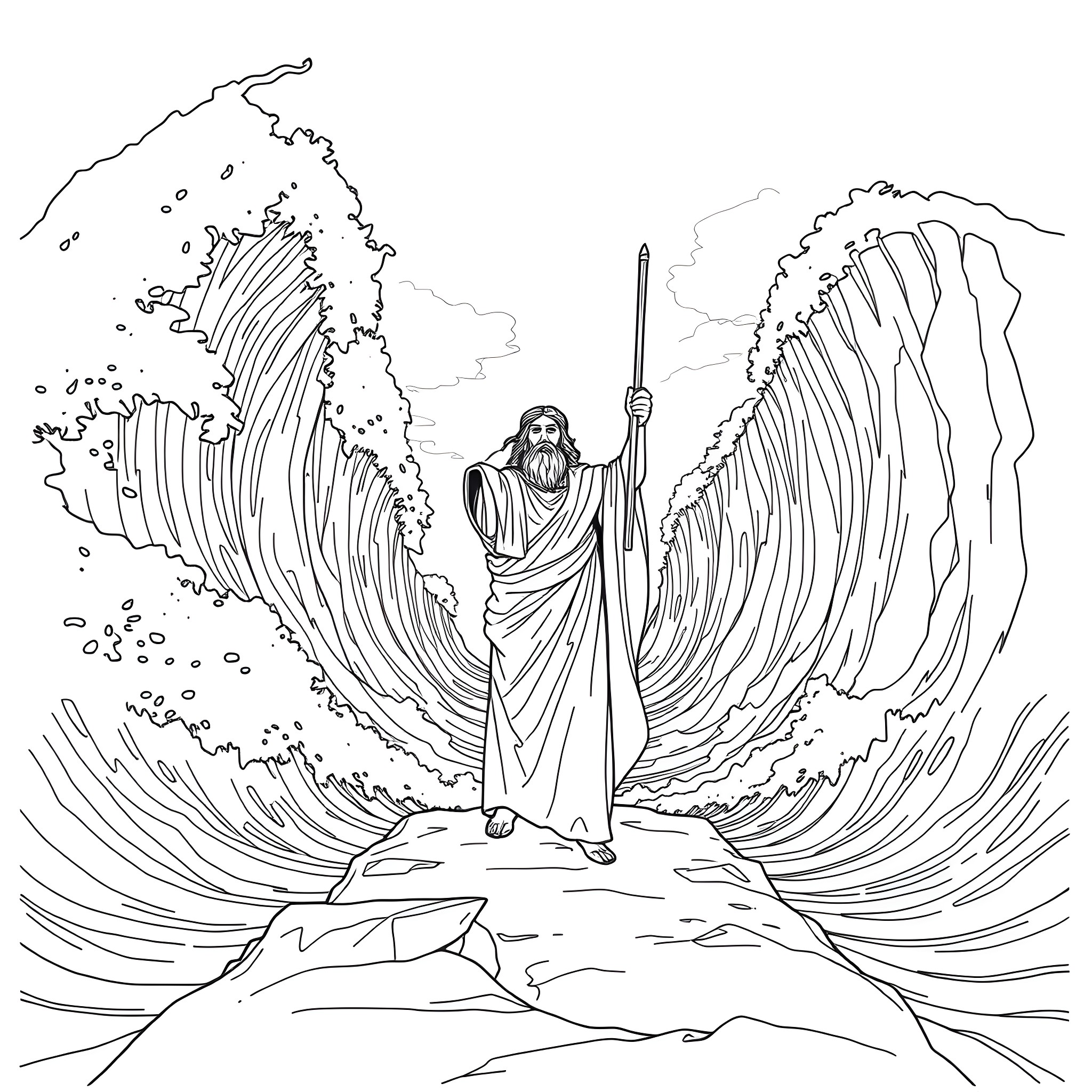 Moses parts the Red Sea with his staff Coloring Page (free black-and-white line drawing printable PDF for all, from beginners to advanced learners, including children, teens, adults, and seniors)