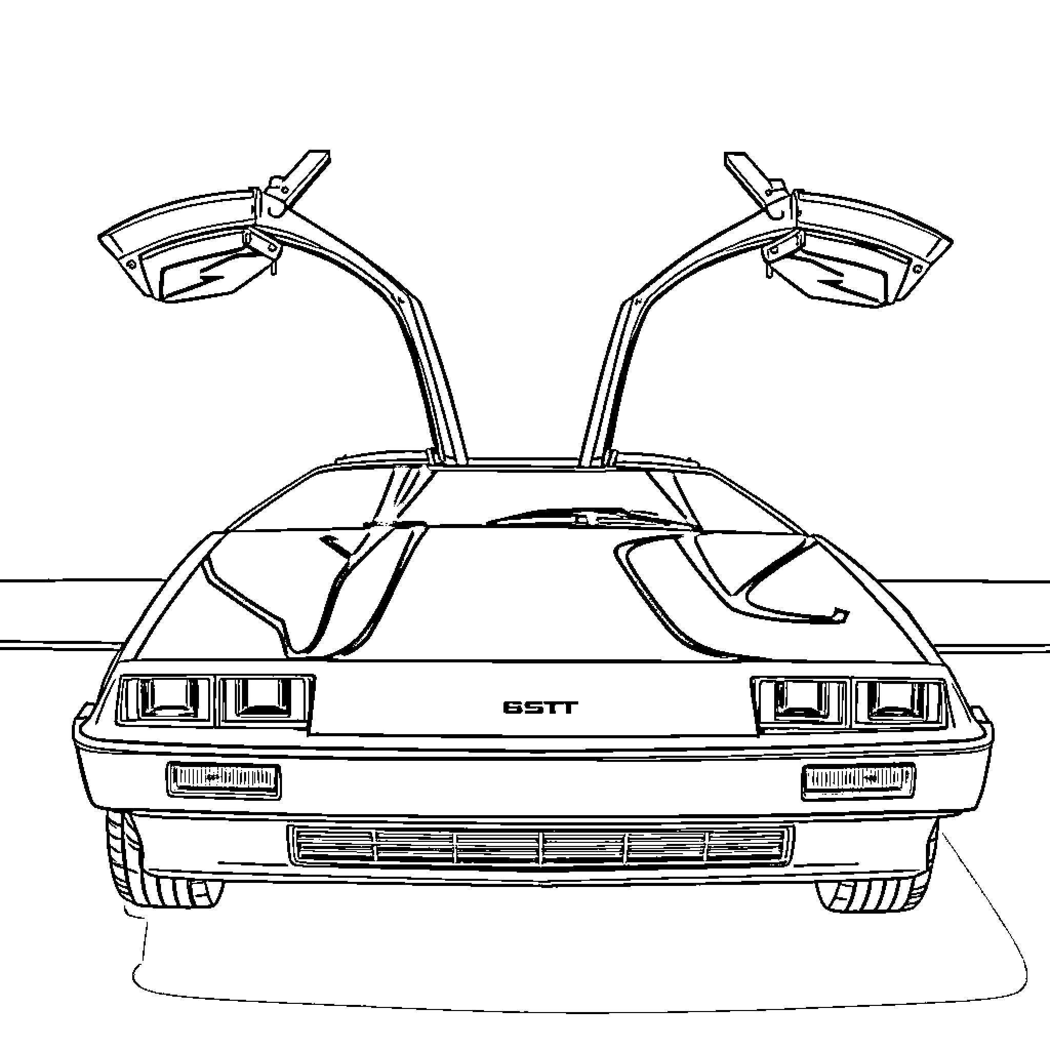 DeLorean sports car with gull-wing doors Coloring Page (free black-and-white line drawing printable PDF for all, from beginners to advanced learners, including children, teens, adults, and seniors)