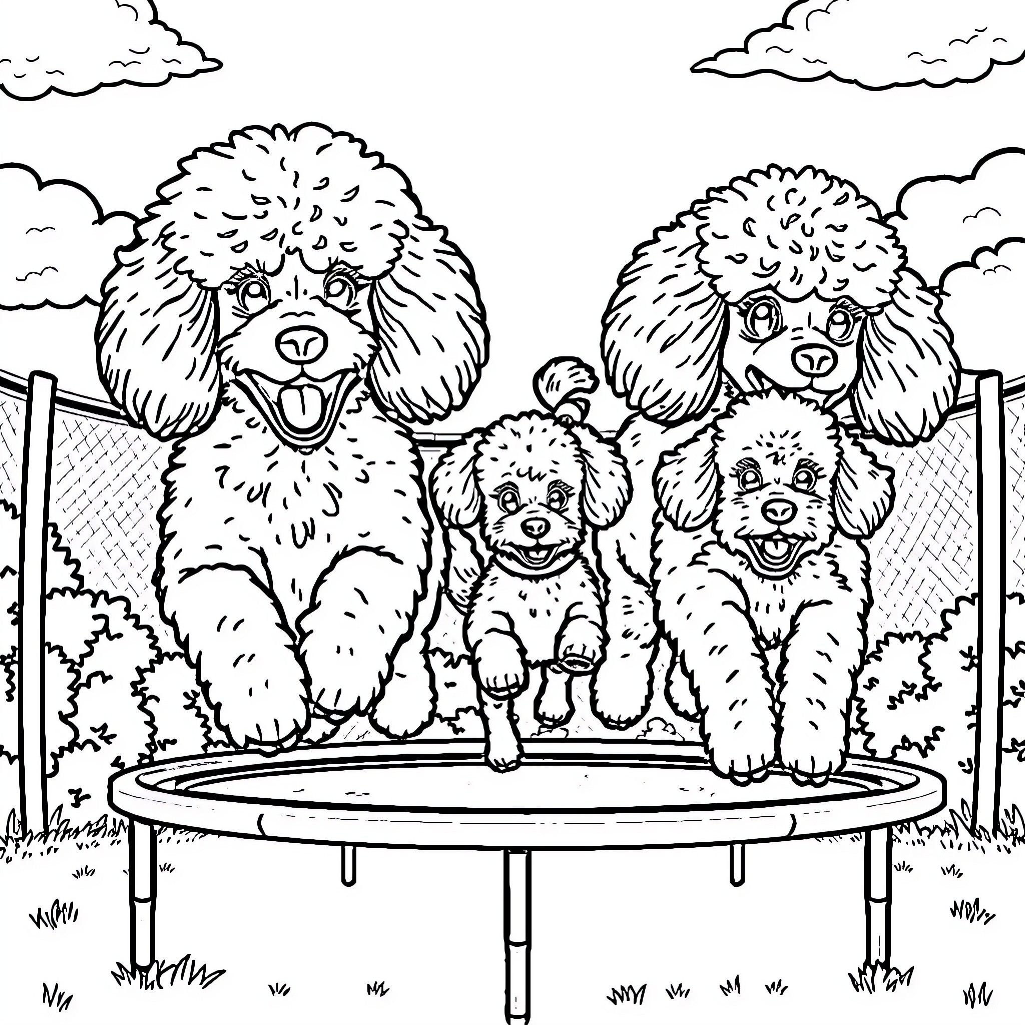 Poodle family playing happily on a trampoline Coloring Page (free black-and-white line drawing printable PDF for all, from beginners to advanced learners, including children, teens, adults, and seniors)