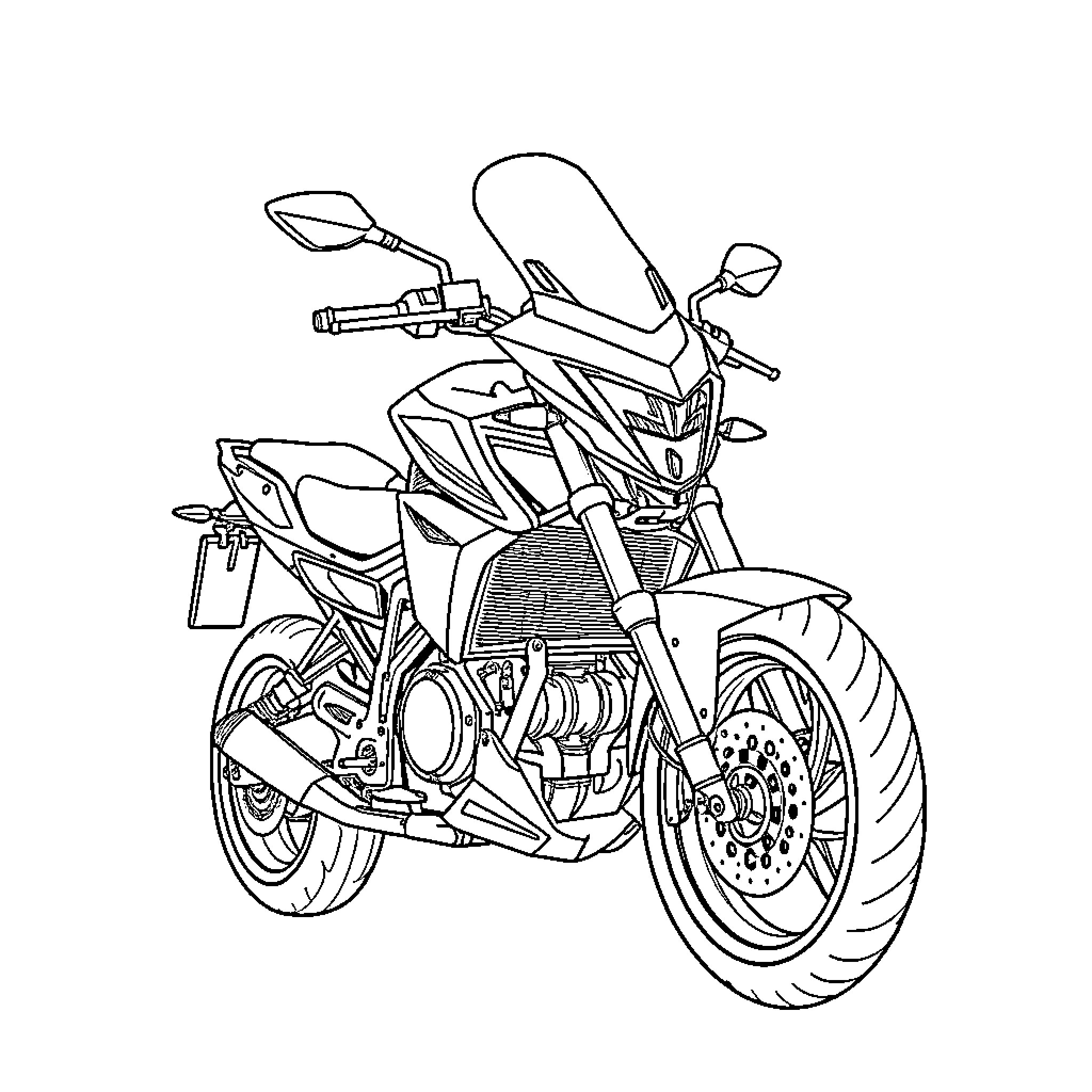 Moto Enthusiast's Dynamic Ride Coloring Page (free black-and-white line drawing printable PDF for all, from beginners to advanced learners, including children, teens, adults, and seniors)