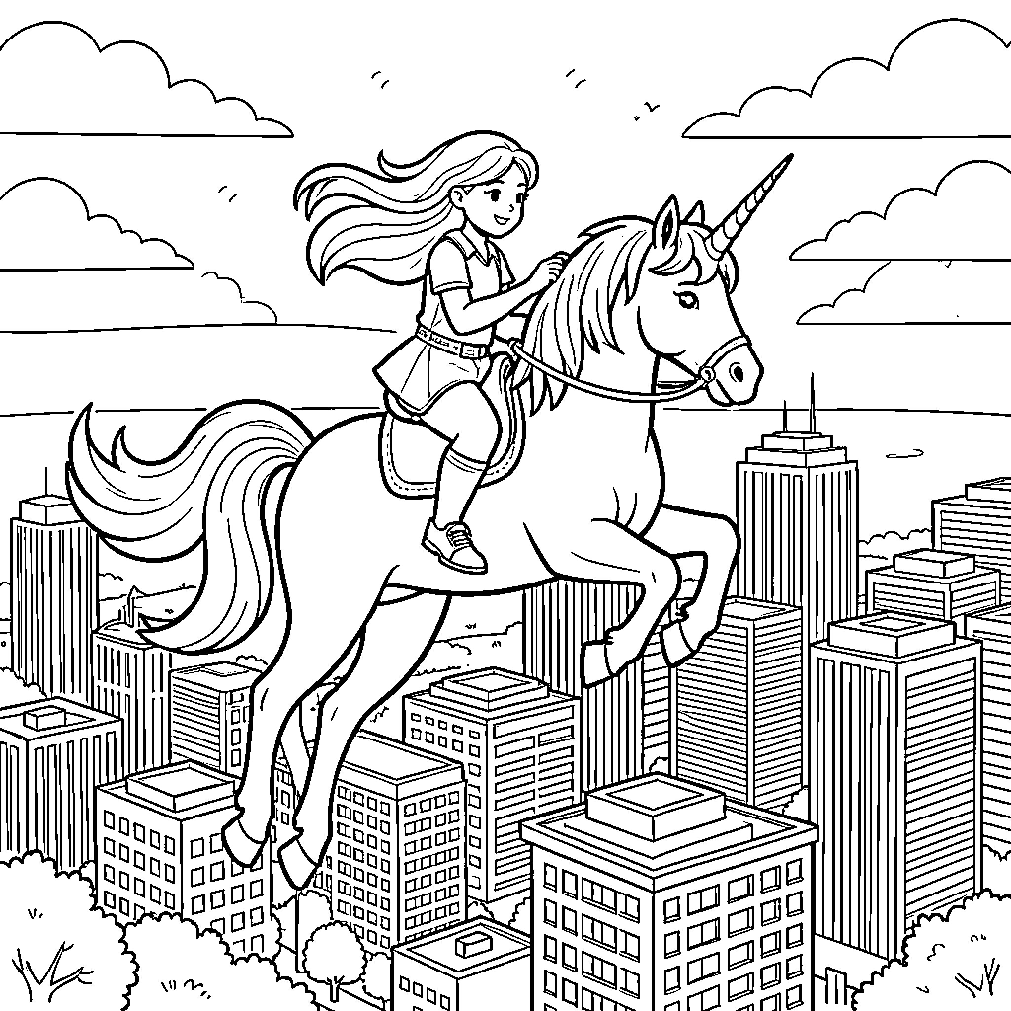 Raelynn riding a unicorn flying over a city Coloring Page (free black-and-white line drawing printable PDF for all, from beginners to advanced learners, including children, teens, adults, and seniors)