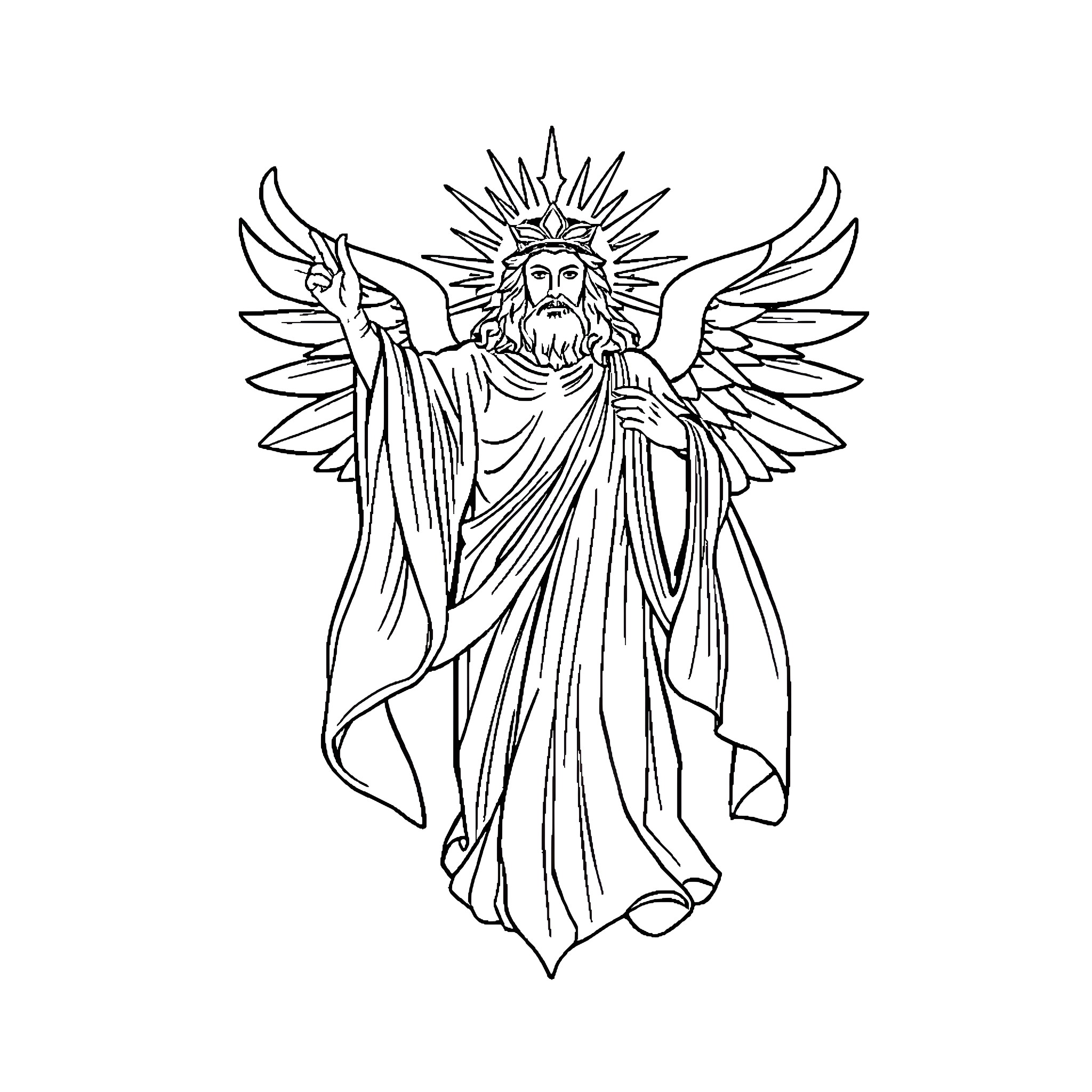 Dios, the Winged Deity of Worship Coloring Page (free black-and-white line drawing printable PDF for all, from beginners to advanced learners, including children, teens, adults, and seniors)