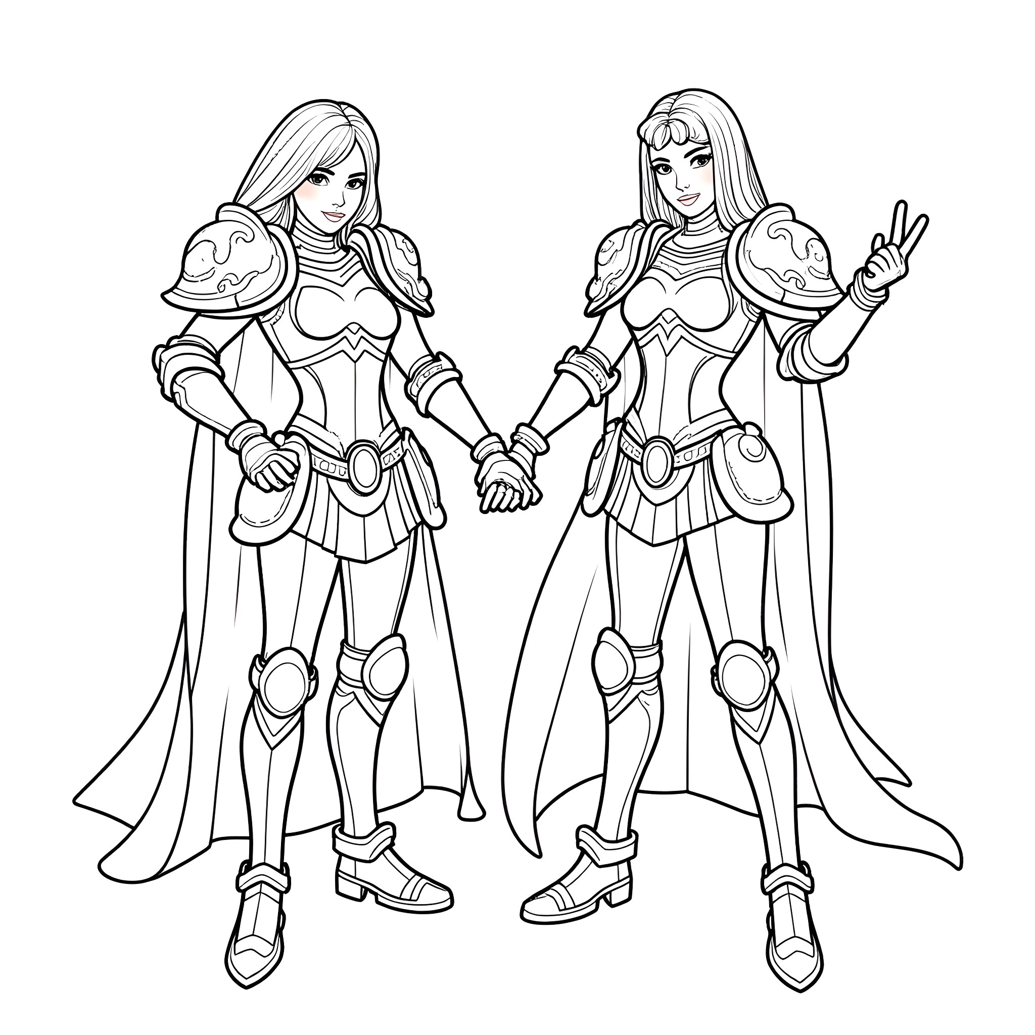 Bluey and her friend in heroic armor and poses Coloring Page (free black-and-white line drawing printable PDF for all, from beginners to advanced learners, including children, teens, adults, and seniors)
