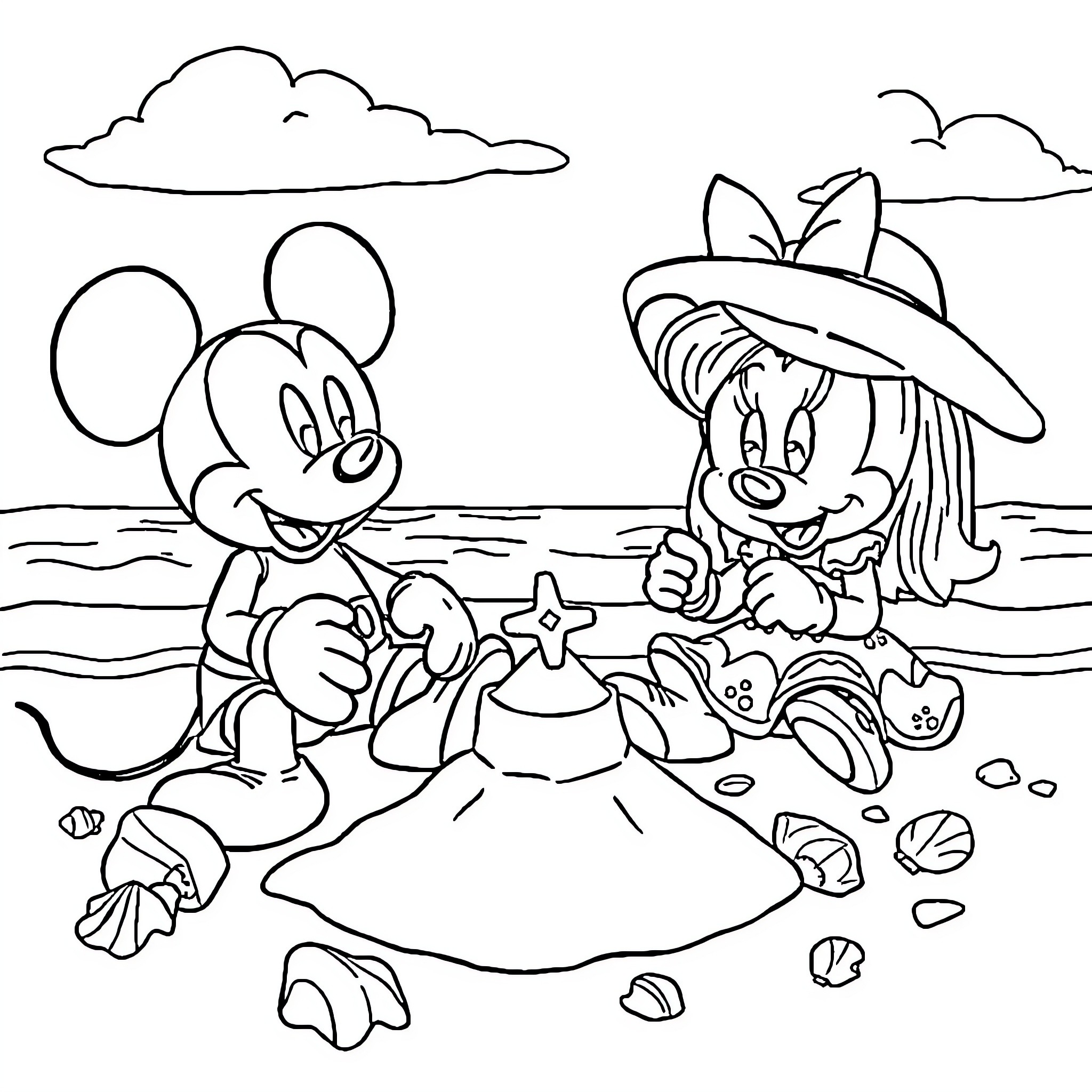 Gabby's Beach Day with Mickey Coloring Page (free black-and-white line drawing printable PDF for all, from beginners to advanced learners, including children, teens, adults, and seniors)