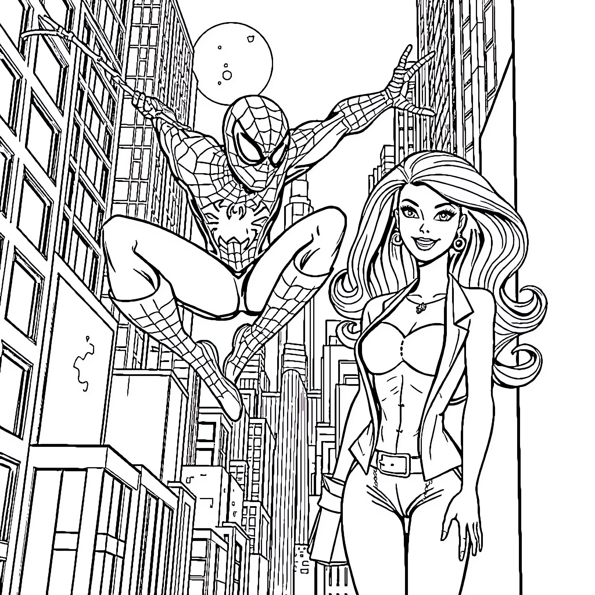 Spiderman swinging high above the city with a female companion Coloring Page (free black-and-white line drawing printable PDF for all, from beginners to advanced learners, including children, teens, adults, and seniors)