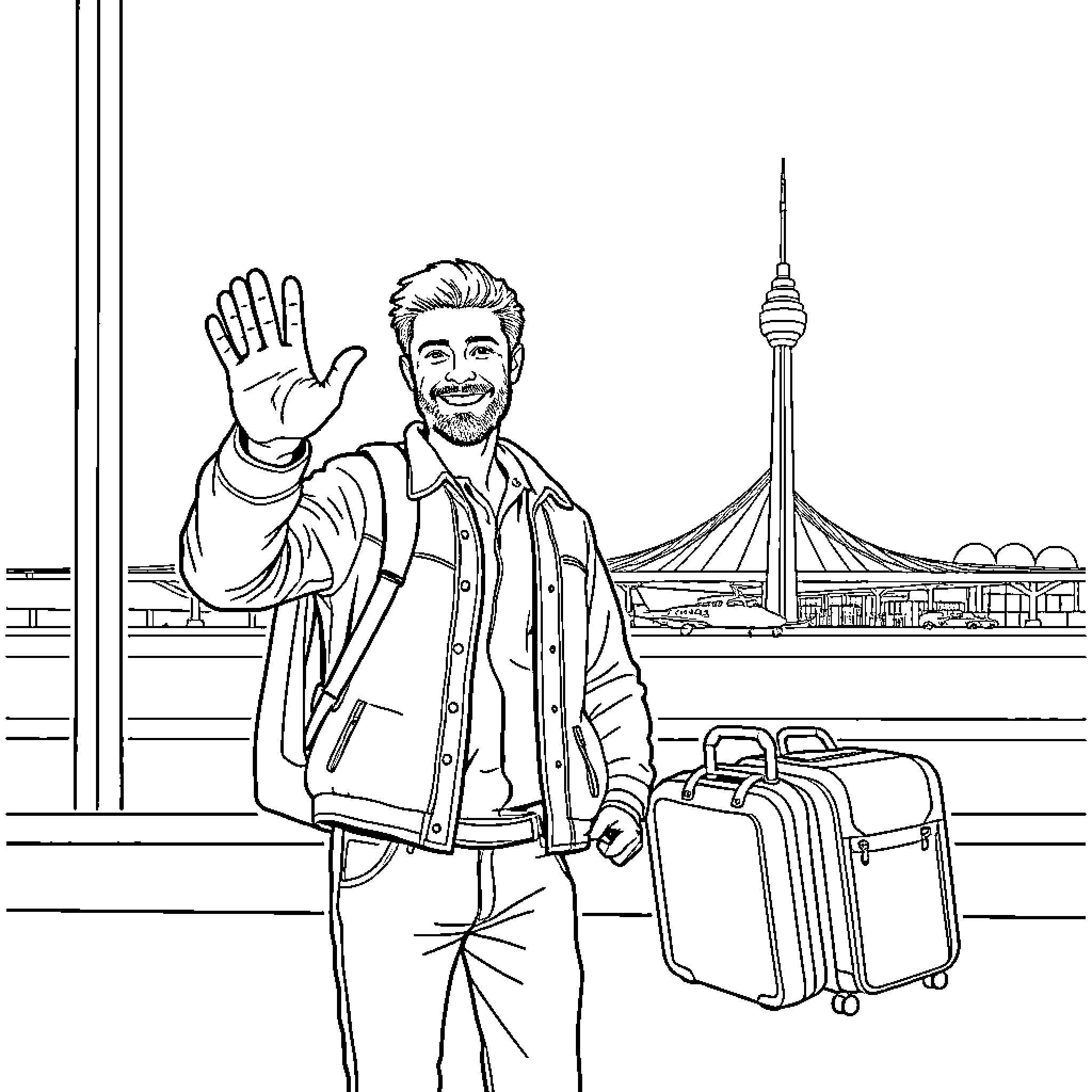 Jake Duff waving and traveling with luggage Coloring Page (free black-and-white line drawing printable PDF for all, from beginners to advanced learners, including children, teens, adults, and seniors)
