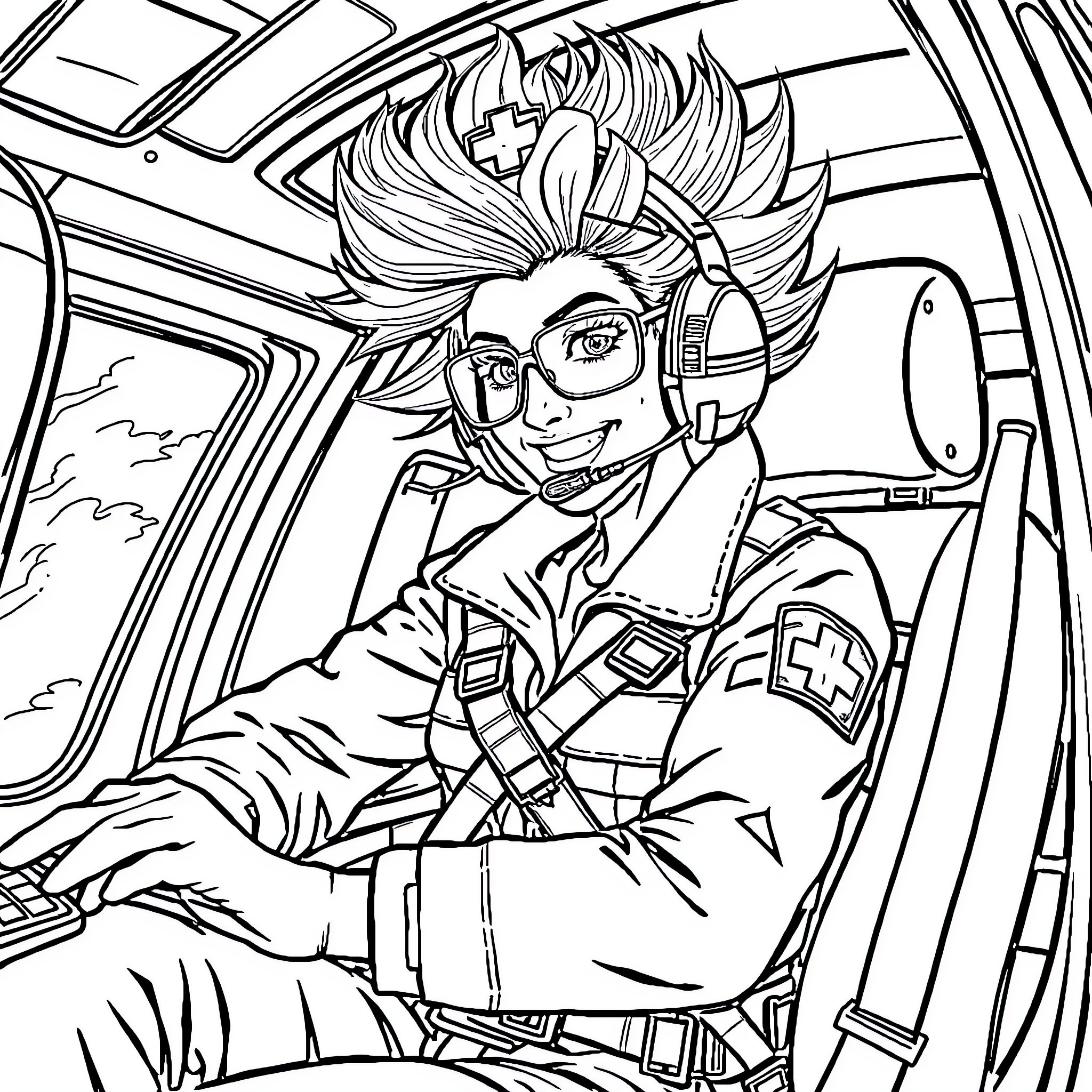 Medic Rushing to Rescue in Aerial Vehicle Coloring Page (free black-and-white line drawing printable PDF for all, from beginners to advanced learners, including children, teens, adults, and seniors)