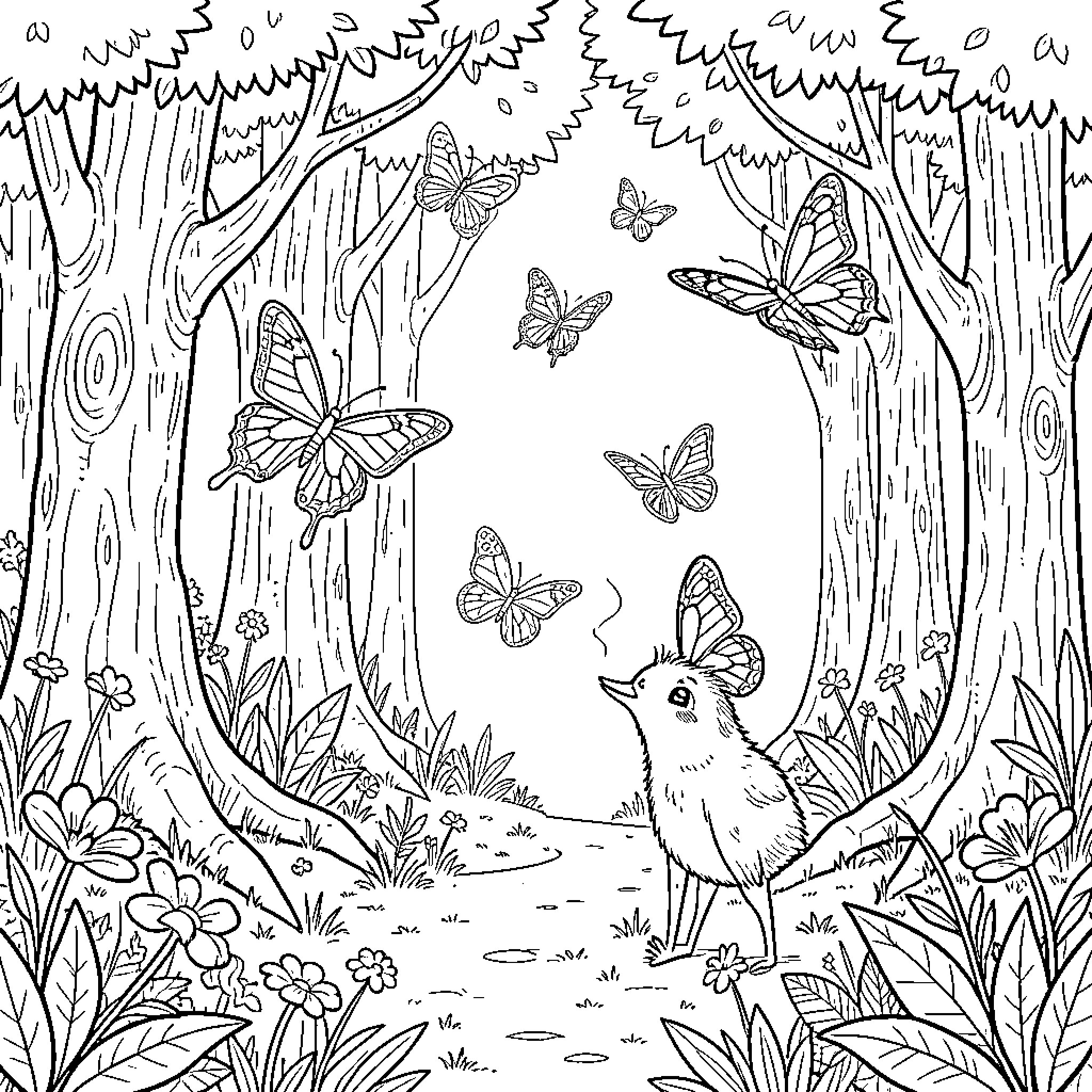 Papillon butterflies fluttering around a small bird in the woods Coloring Page (free black-and-white line drawing printable PDF for all, from beginners to advanced learners, including children, teens, adults, and seniors)