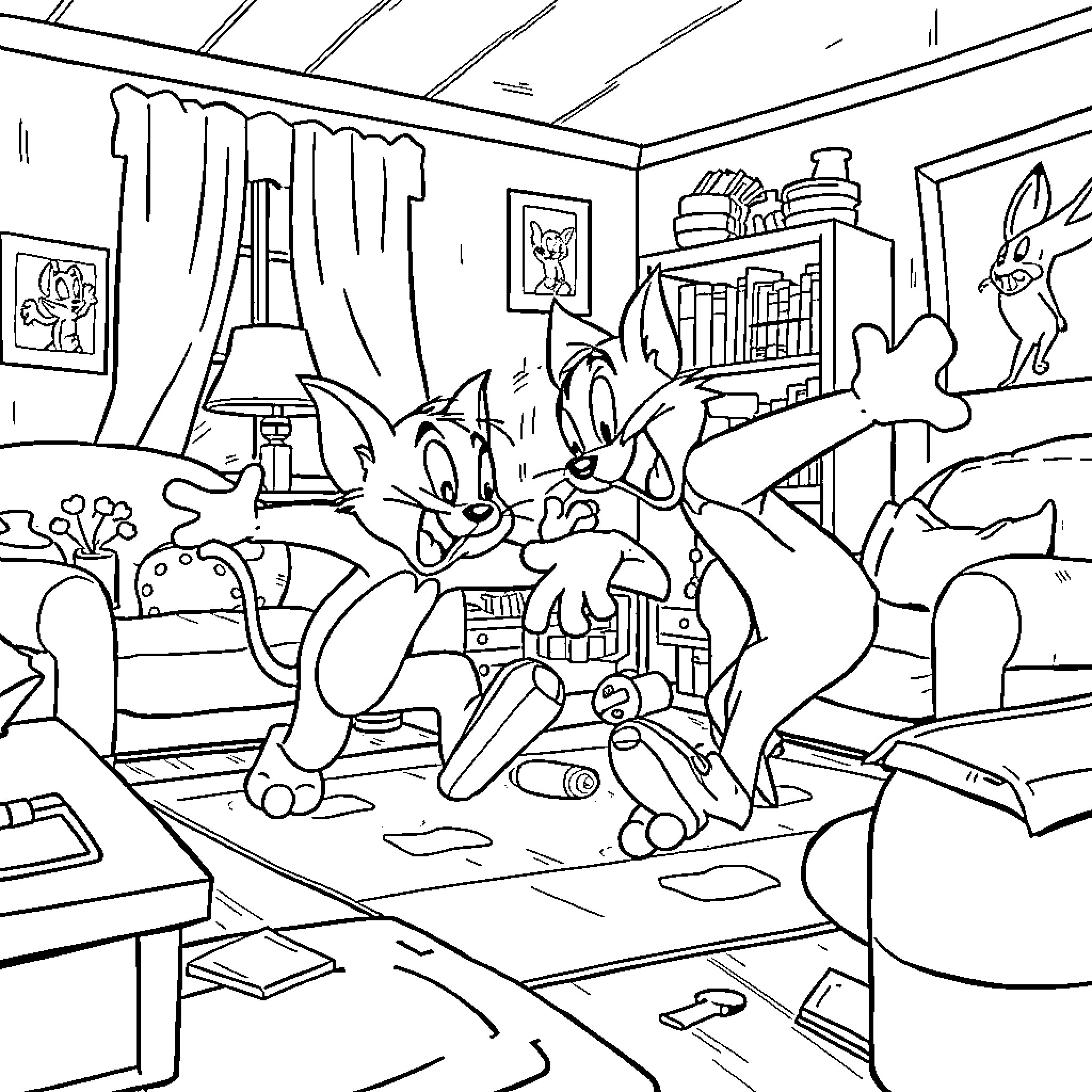 Tom and Jerry's Chaotic Office Adventure Coloring Page (free black-and-white line drawing printable PDF for all, from beginners to advanced learners, including children, teens, adults, and seniors)