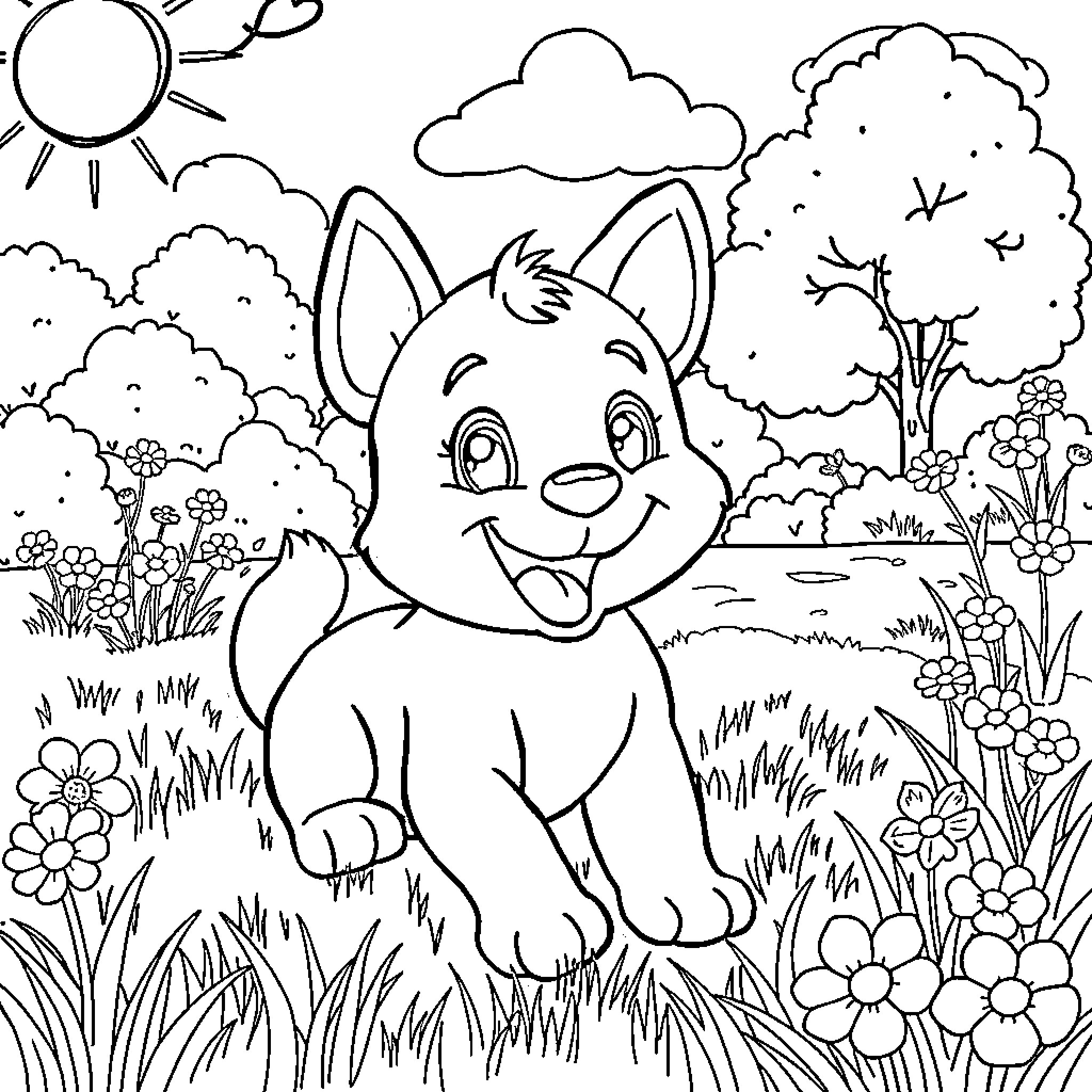 Bluey playing happily in a beautiful outdoor scene Coloring Page (free black-and-white line drawing printable PDF for all, from beginners to advanced learners, including children, teens, adults, and seniors)