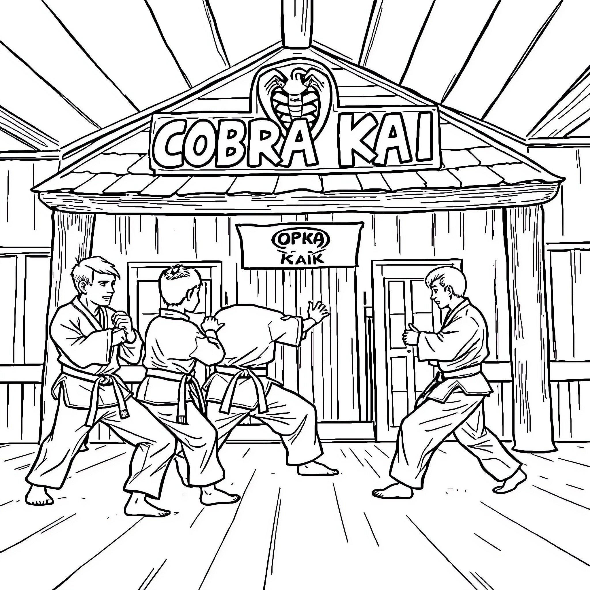 Cobra Kai: Martial Arts Training at the Dojo Coloring Page (free black-and-white line drawing printable PDF for all, from beginners to advanced learners, including children, teens, adults, and seniors)