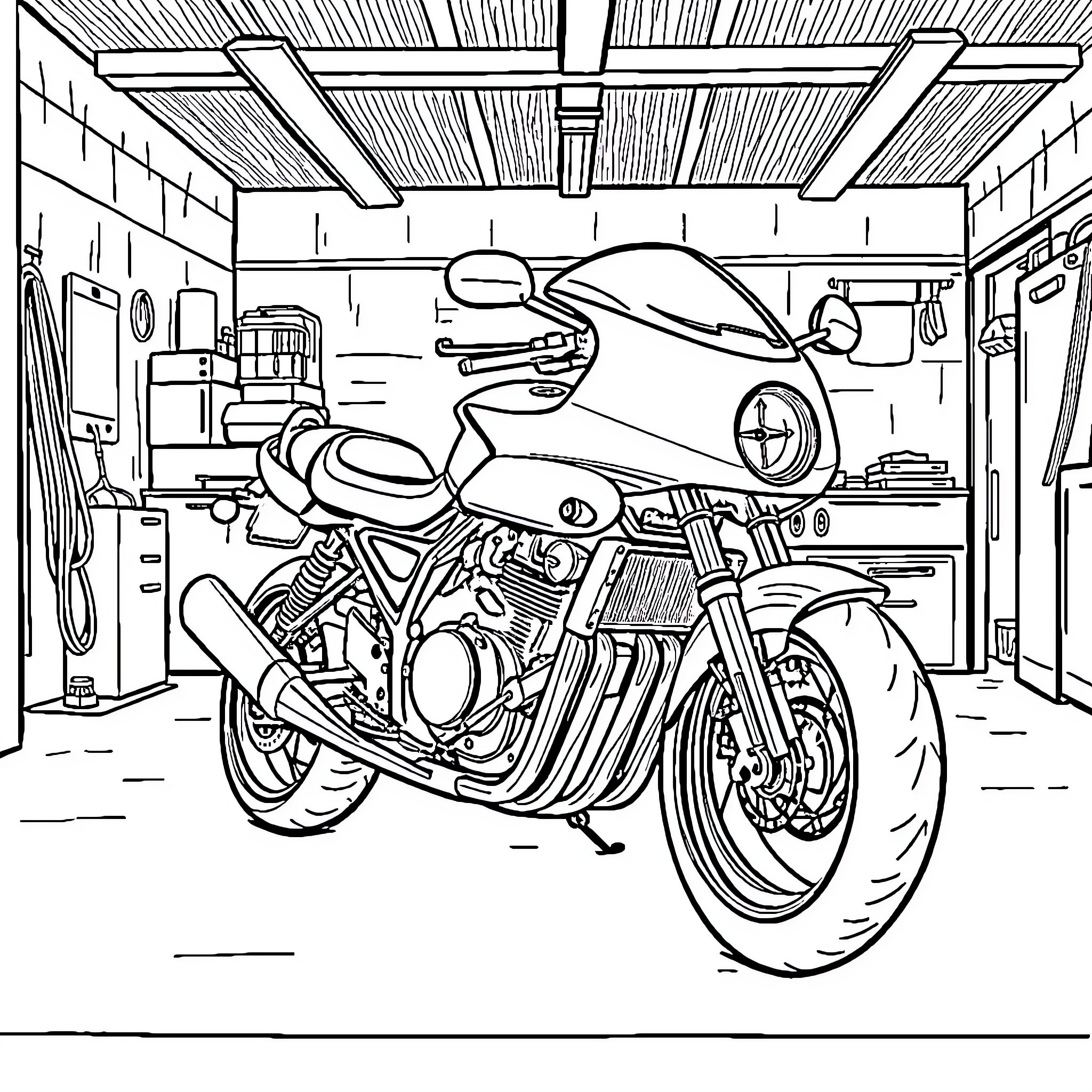 Buell S1 motorcycle parked in garage workshop Coloring Page (free black-and-white line drawing printable PDF for all, from beginners to advanced learners, including children, teens, adults, and seniors)