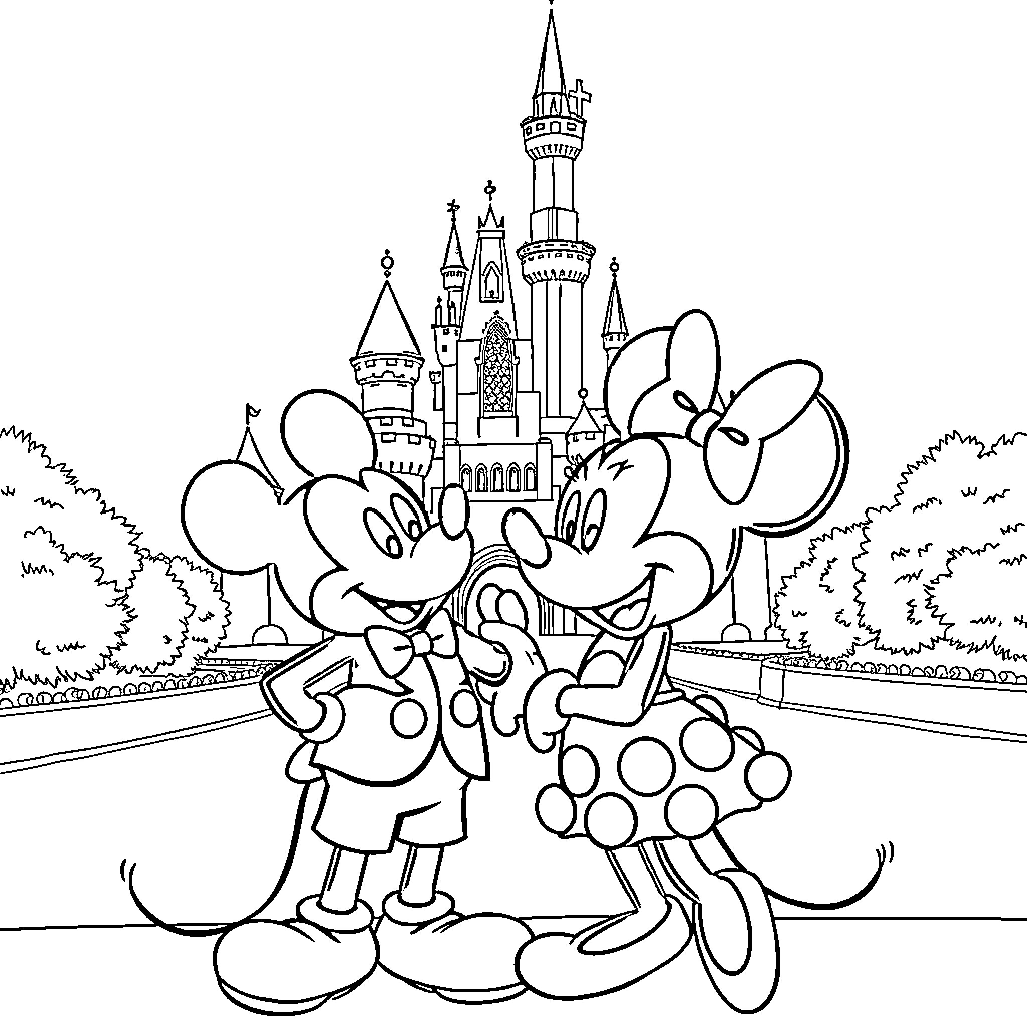 Mickey and Minnie Mouse embrace at Disney Castle Coloring Page (free black-and-white line drawing printable PDF for all, from beginners to advanced learners, including children, teens, adults, and seniors)