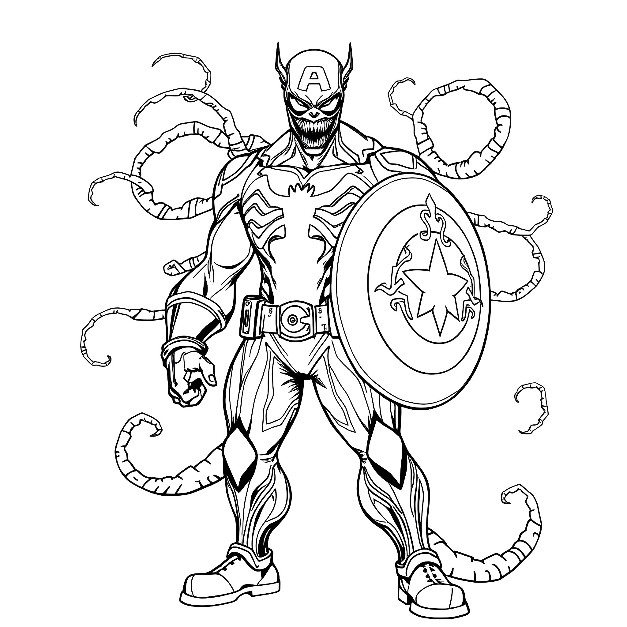 Captain Venom battles with powerful shield and tendrils Coloring Page (free black-and-white line drawing printable PDF for all, from beginners to advanced learners, including children, teens, adults, and seniors)