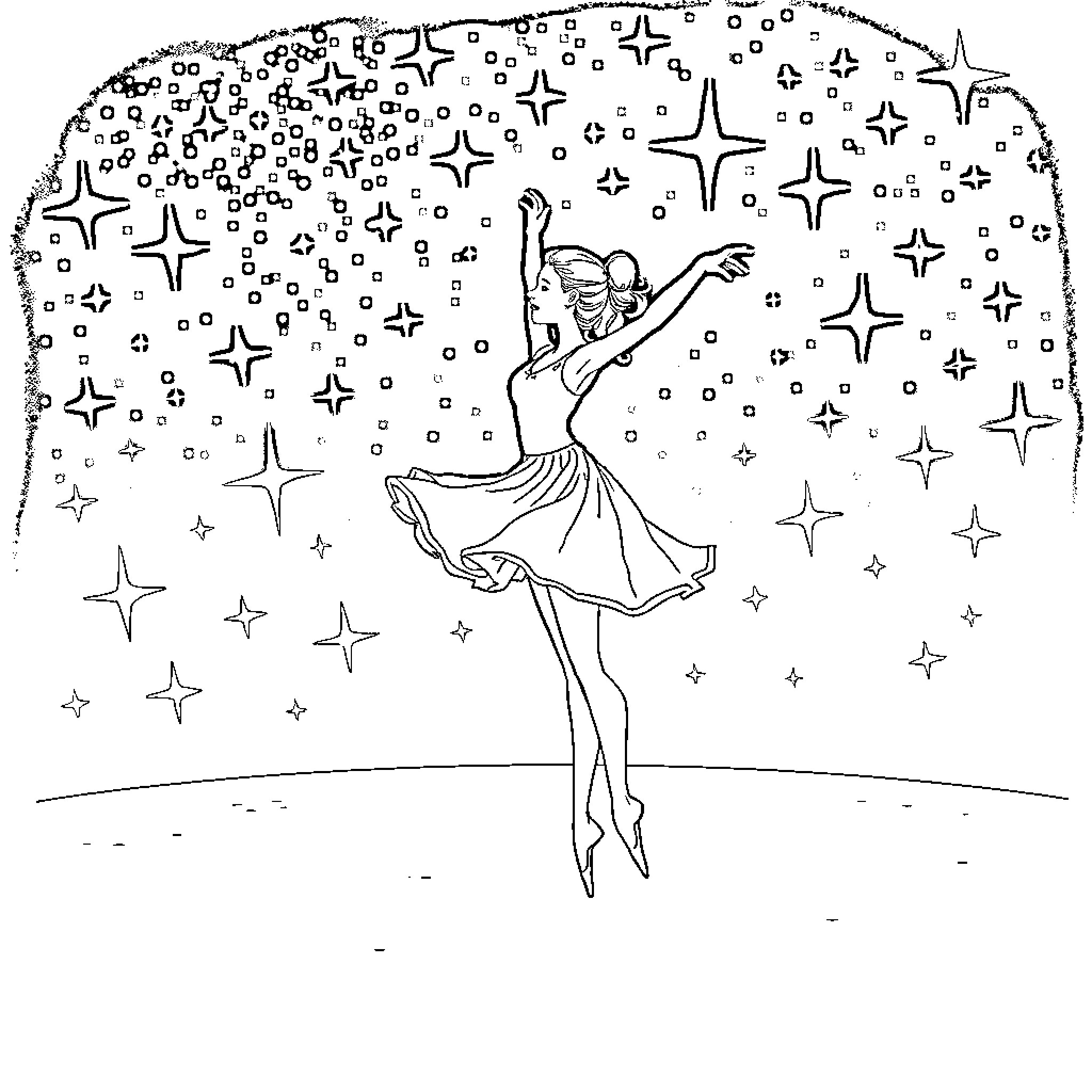 Girl dancing among the stars Coloring Page (free black-and-white line drawing printable PDF for all, from beginners to advanced learners, including children, teens, adults, and seniors)
