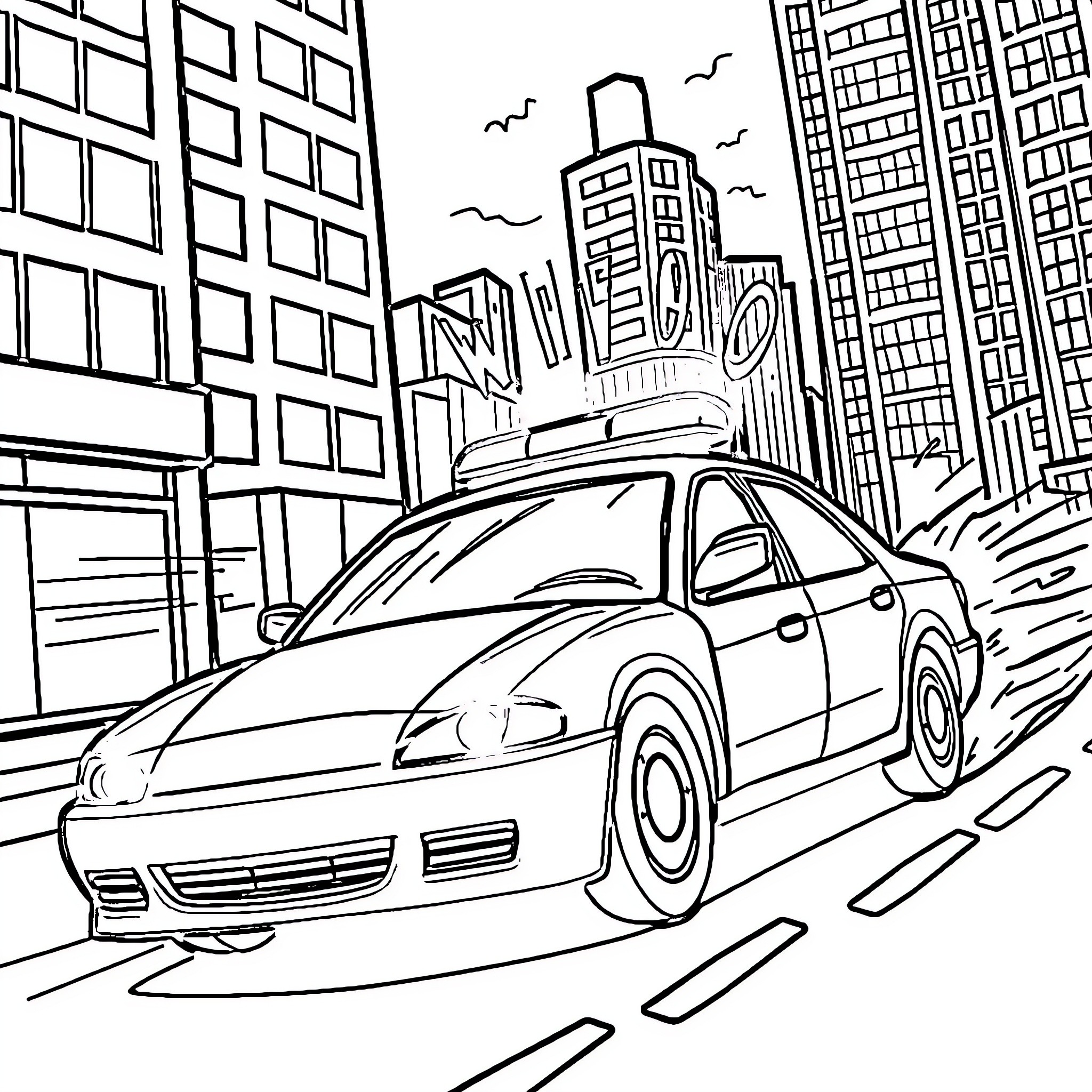 Police Car Responding to Call in Busy City Coloring Page (free black-and-white line drawing printable PDF for all, from beginners to advanced learners, including children, teens, adults, and seniors)