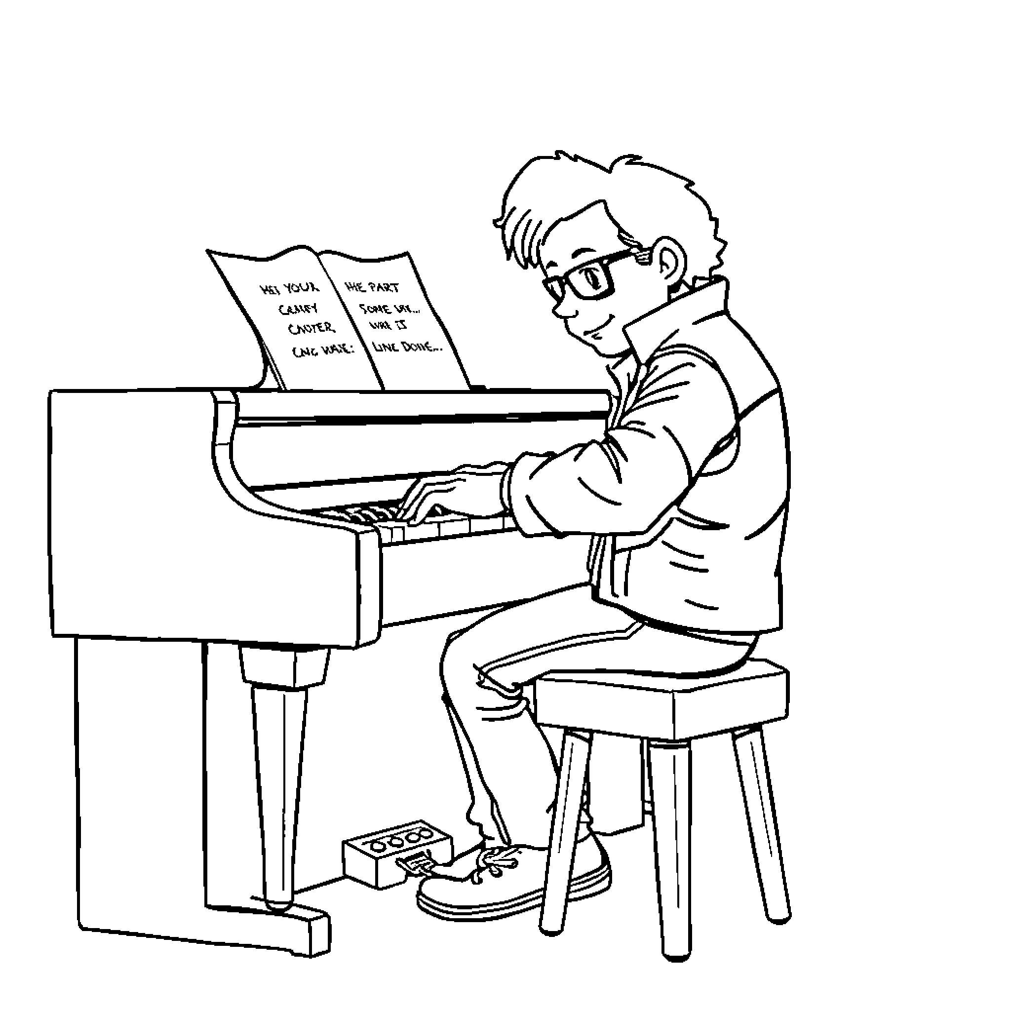 Marty McFly's musical performance on the piano Coloring Page (free black-and-white line drawing printable PDF for all, from beginners to advanced learners, including children, teens, adults, and seniors)