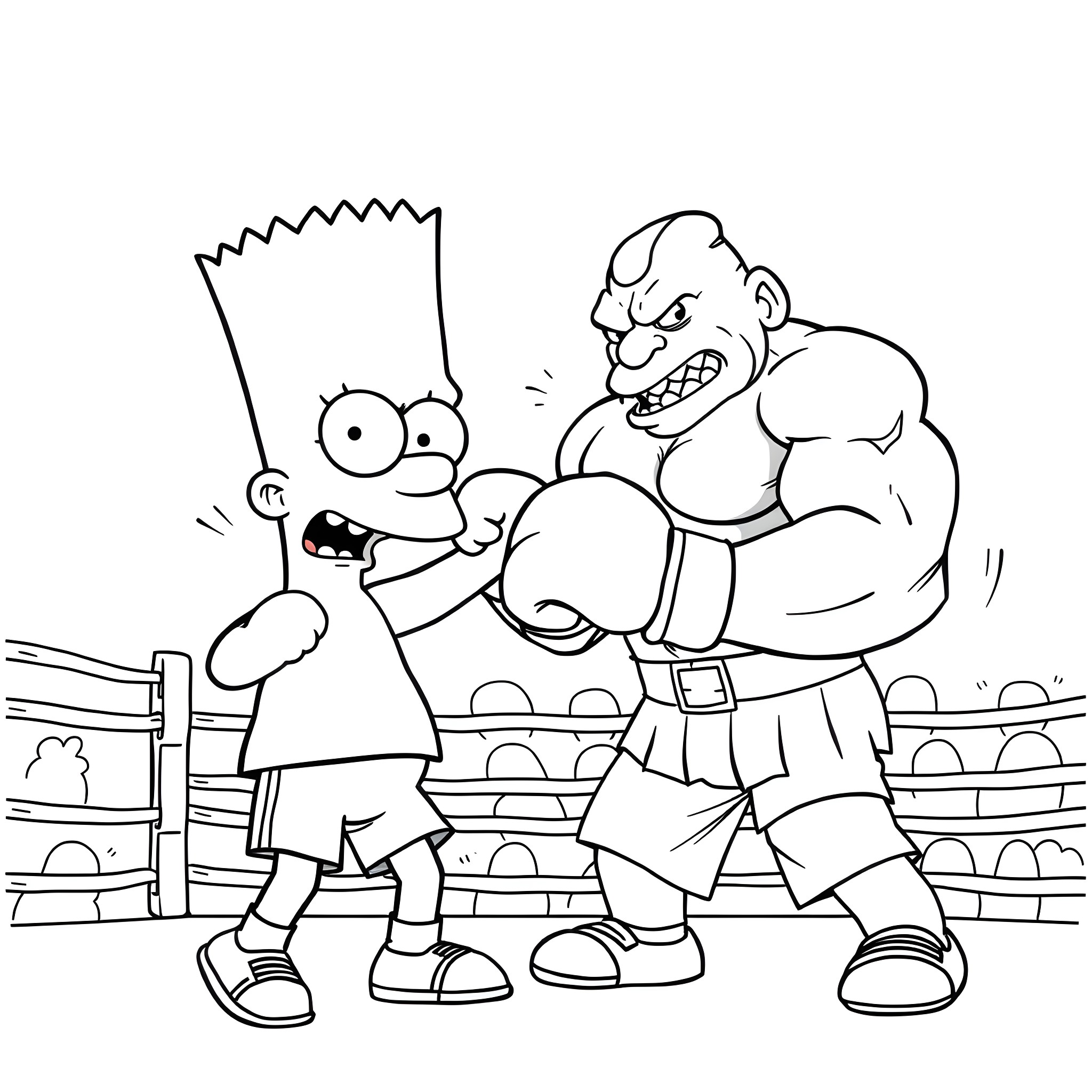 Bart Simpson getting bullied by a muscular bully Coloring Page (free black-and-white line drawing printable PDF for all, from beginners to advanced learners, including children, teens, adults, and seniors)