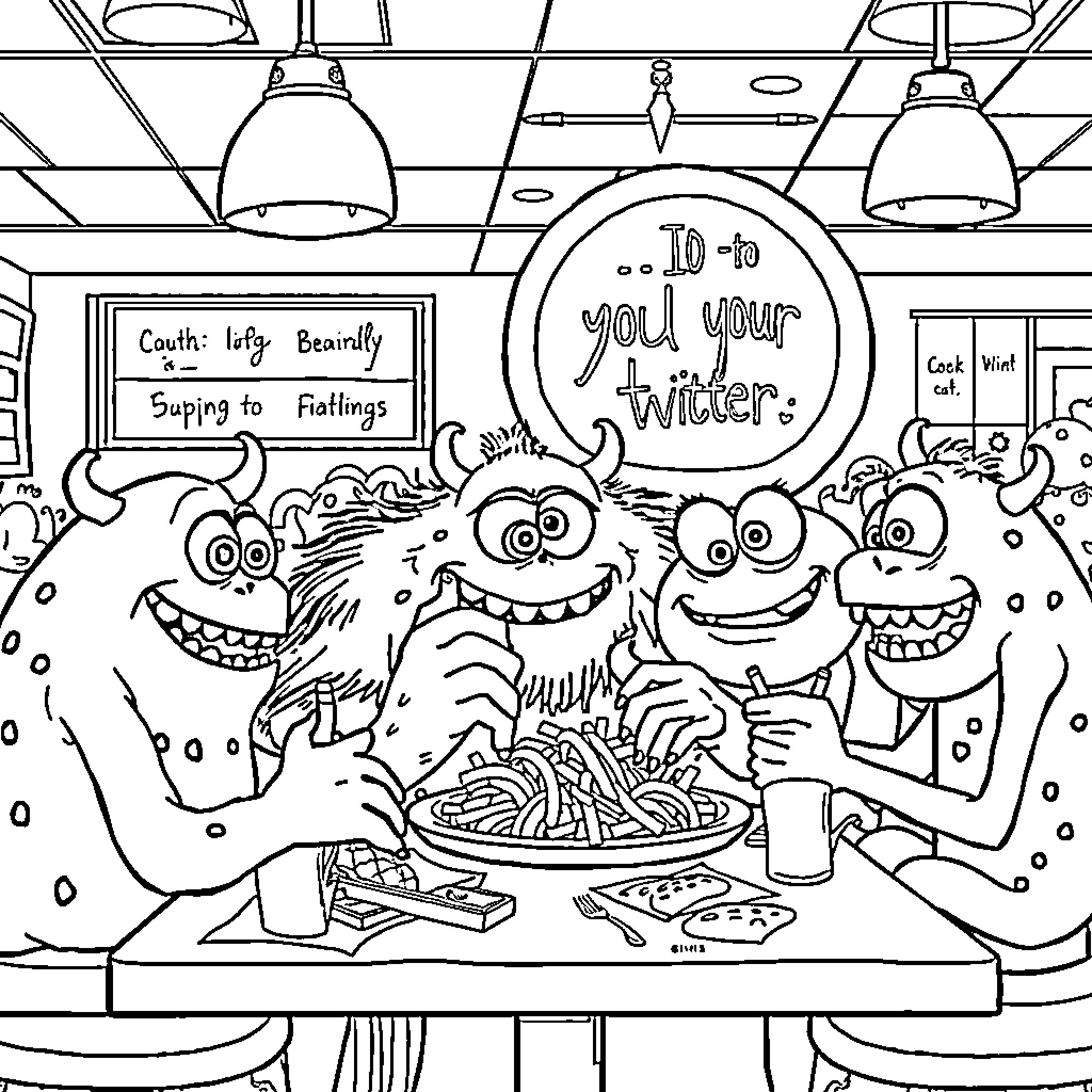 Monster Creatures Enjoying a Meal Together Coloring Page (free black-and-white line drawing printable PDF for all, from beginners to advanced learners, including children, teens, adults, and seniors)