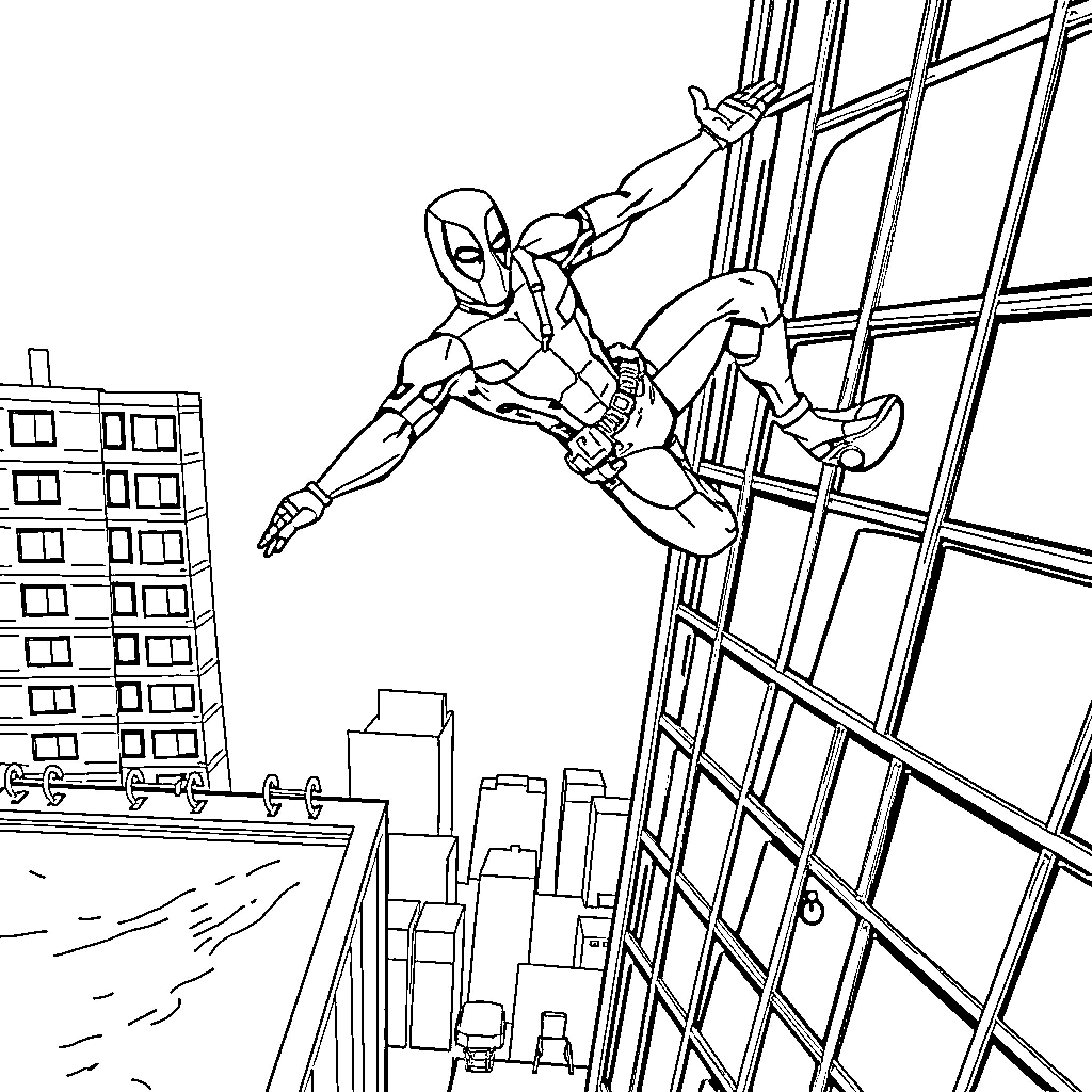 Deadpool swinging through the city skyline Coloring Page (free black-and-white line drawing printable PDF for all, from beginners to advanced learners, including children, teens, adults, and seniors)