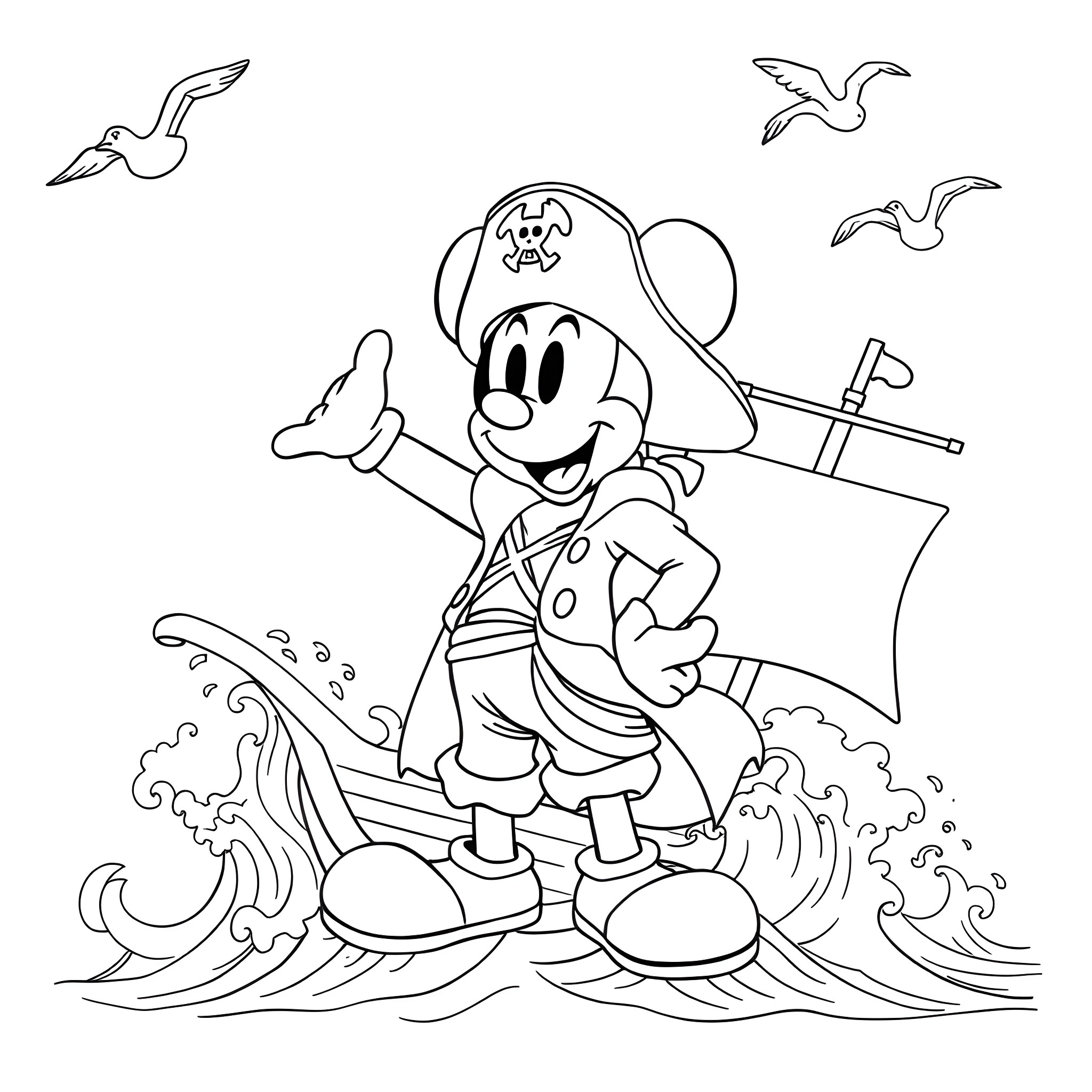 Mickey the Pirate Sailing on a Ship Coloring Page (free black-and-white line drawing printable PDF for all, from beginners to advanced learners, including children, teens, adults, and seniors)