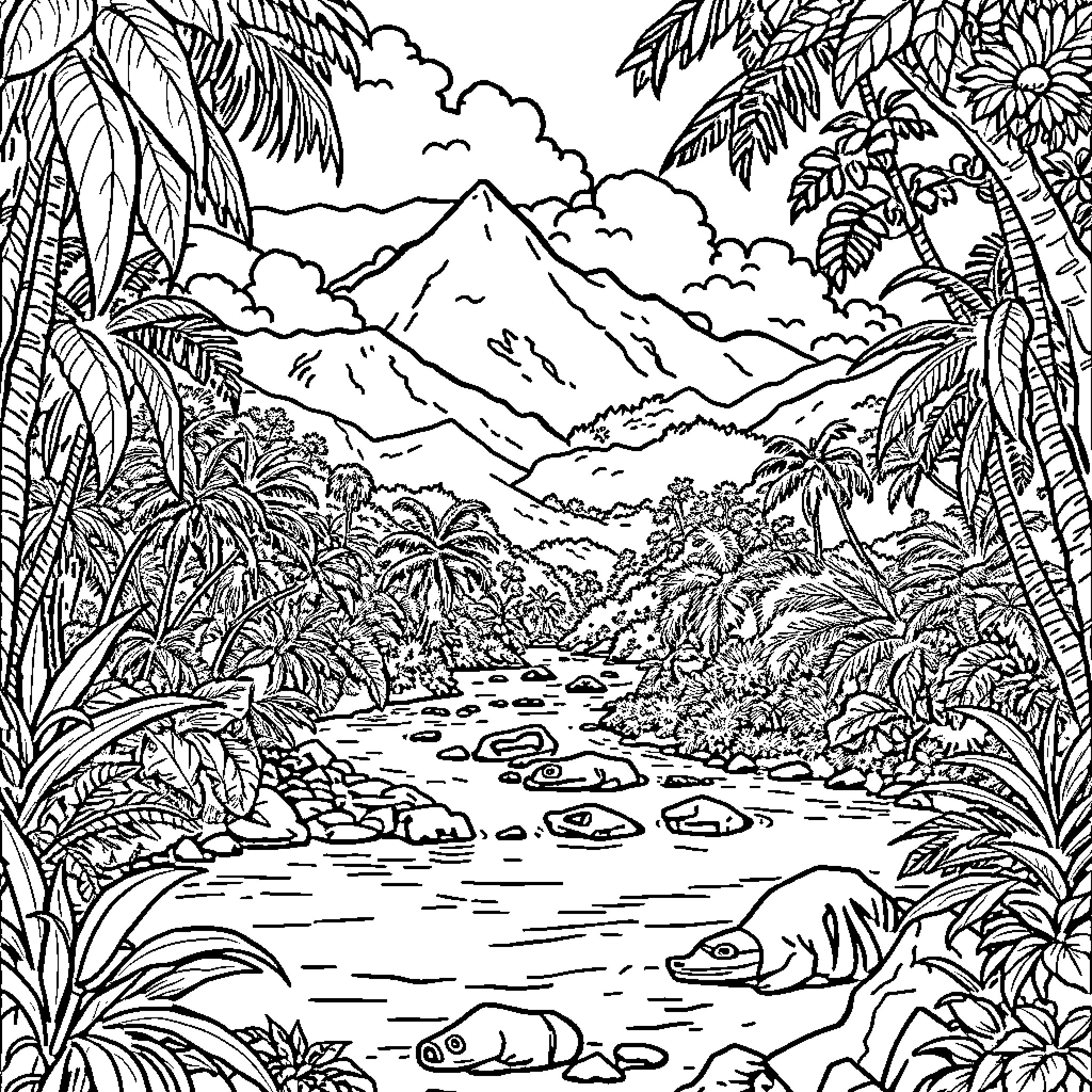 Guyana: Serene Tropical Landscape with Mountains and Wildlife Coloring Page (free black-and-white line drawing printable PDF for all, from beginners to advanced learners, including children, teens, adults, and seniors)