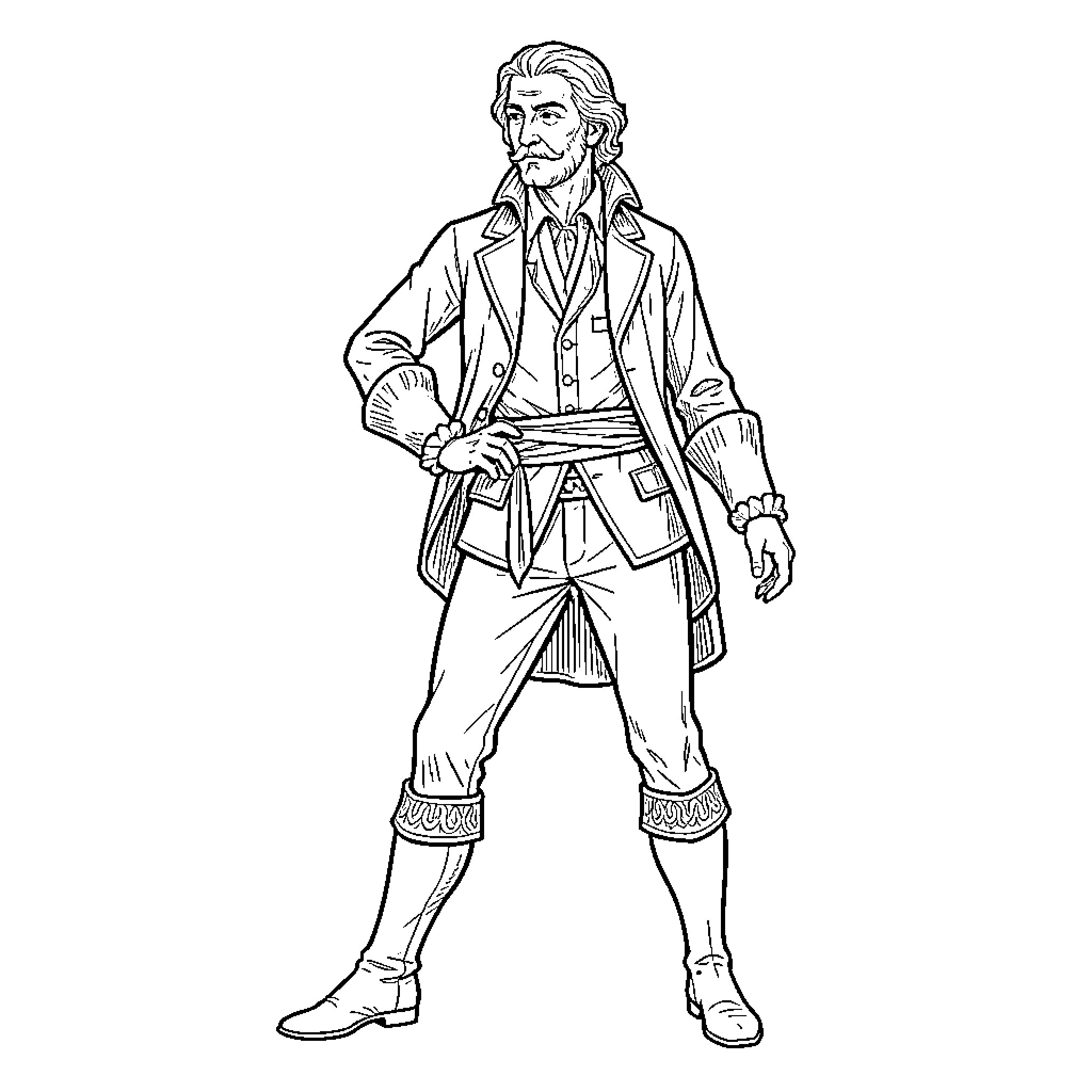 C17 Man in historical period clothing standing tall Coloring Page (free black-and-white line drawing printable PDF for all, from beginners to advanced learners, including children, teens, adults, and seniors)