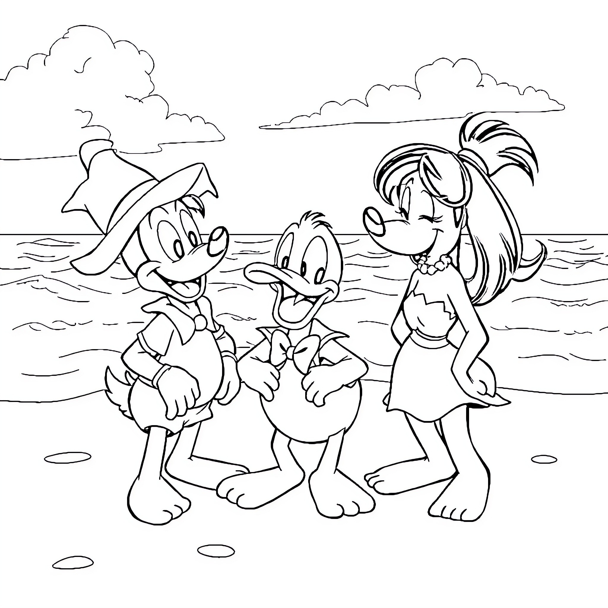 Sora's fun beach day with friends Coloring Page (free black-and-white line drawing printable PDF for all, from beginners to advanced learners, including children, teens, adults, and seniors)