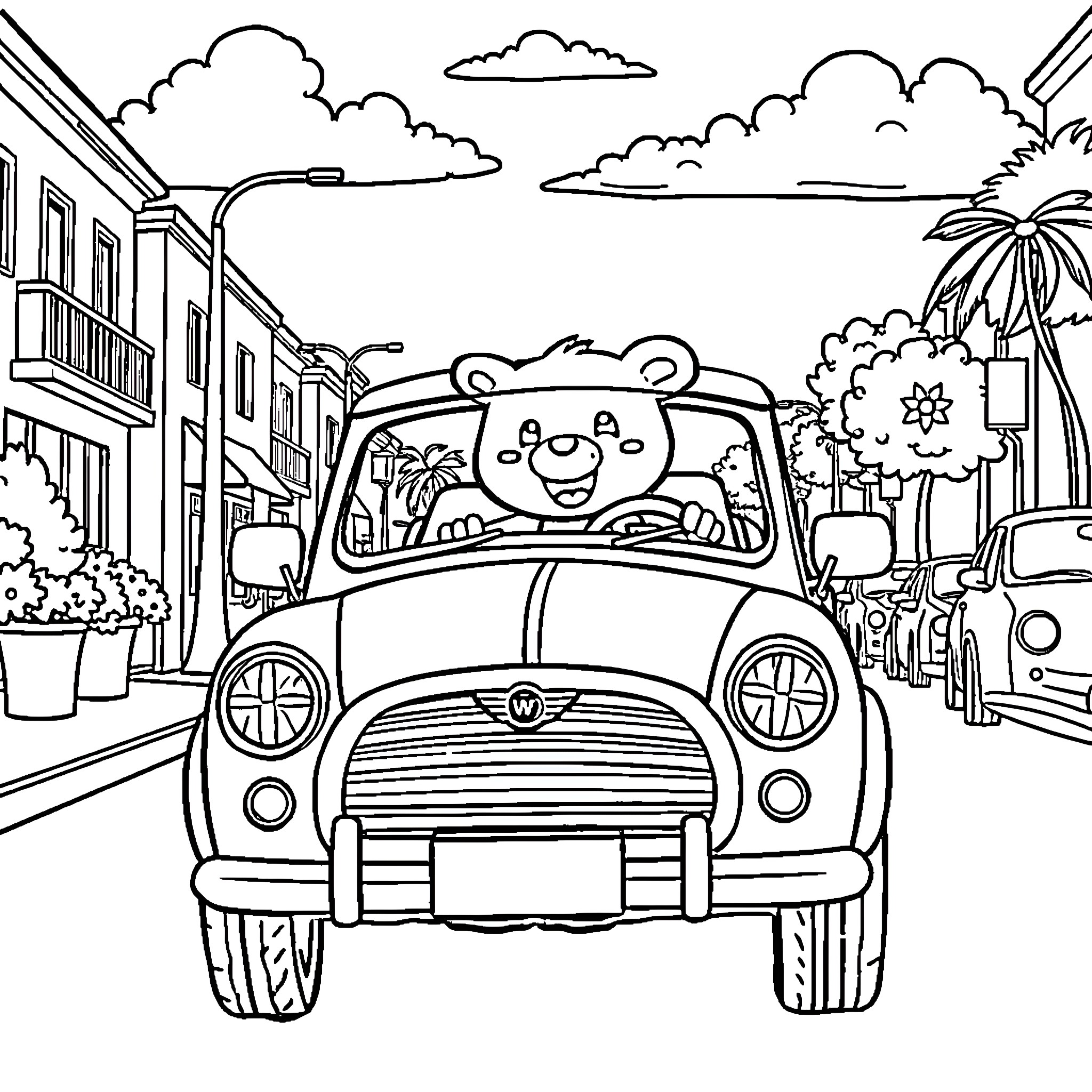 Bluey's Fun Car Ride Through the City Coloring Page (free black-and-white line drawing printable PDF for all, from beginners to advanced learners, including children, teens, adults, and seniors)