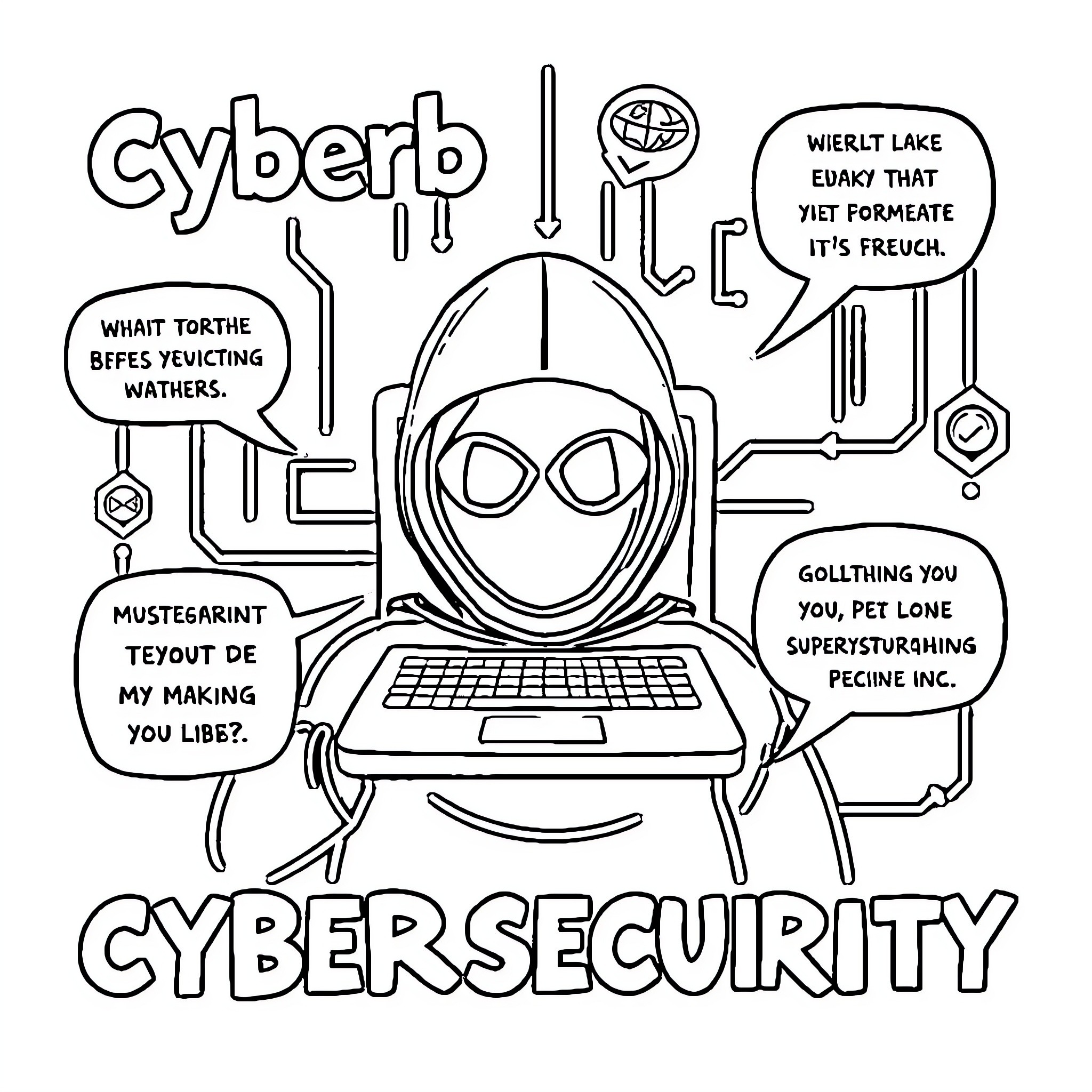 Cybersecurity: Humorous Depiction of Online Threats and Cyber Attacks Coloring Page (free black-and-white line drawing printable PDF for all, from beginners to advanced learners, including children, teens, adults, and seniors)