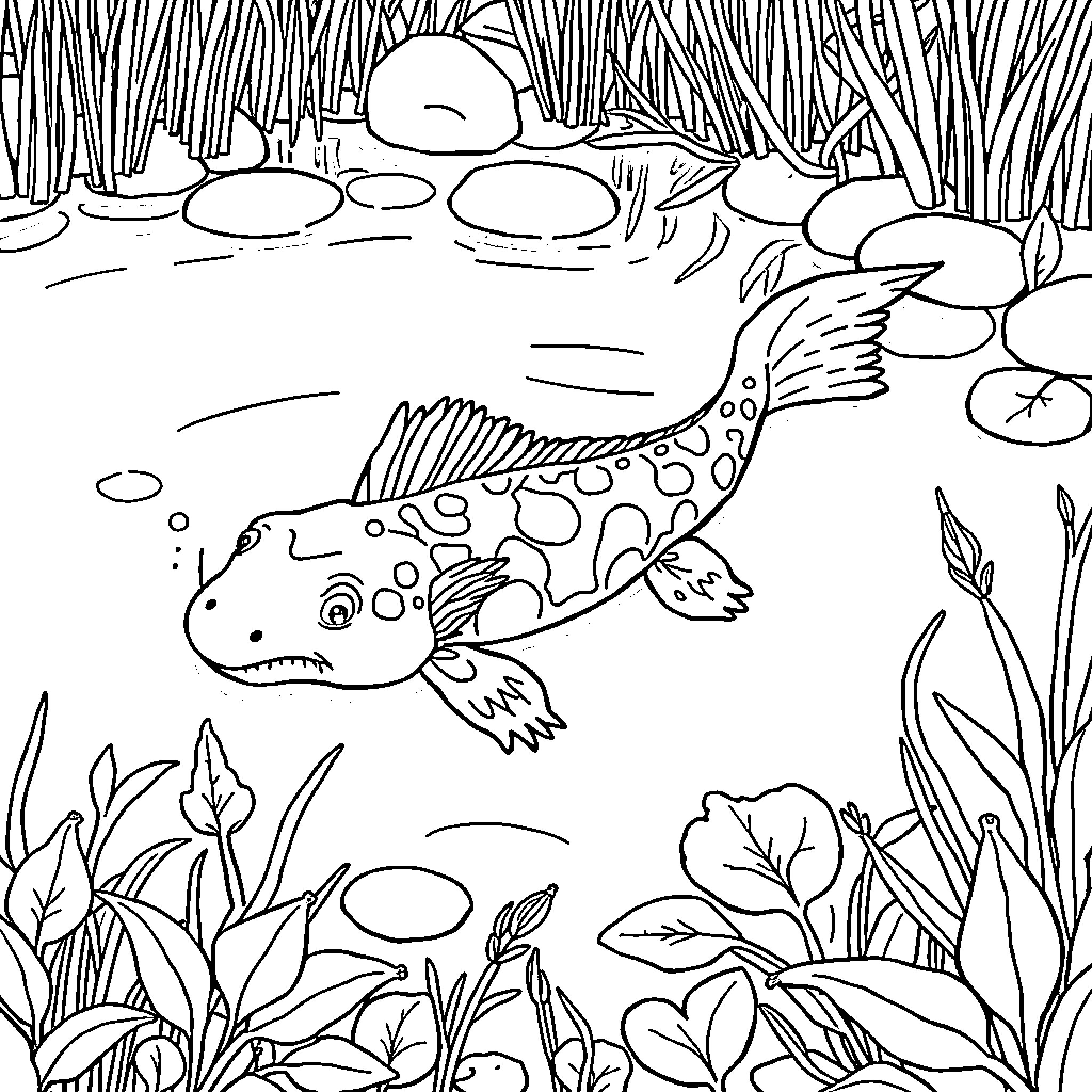 Axolotl swimming in a lush underwater landscape Coloring Page (free black-and-white line drawing printable PDF for all, from beginners to advanced learners, including children, teens, adults, and seniors)