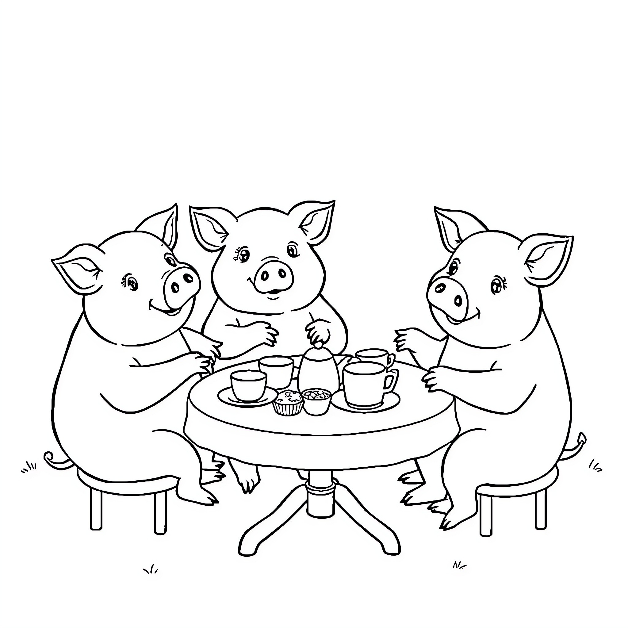 Pigs enjoying a tea party together Coloring Page (free black-and-white line drawing printable PDF for all, from beginners to advanced learners, including children, teens, adults, and seniors)