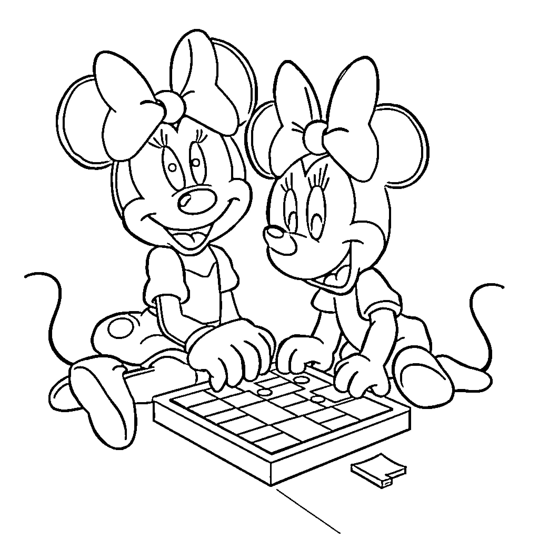 Minnie Mouse and Minnie Mouse playing checkers Coloring Page (free black-and-white line drawing printable PDF for all, from beginners to advanced learners, including children, teens, adults, and seniors)