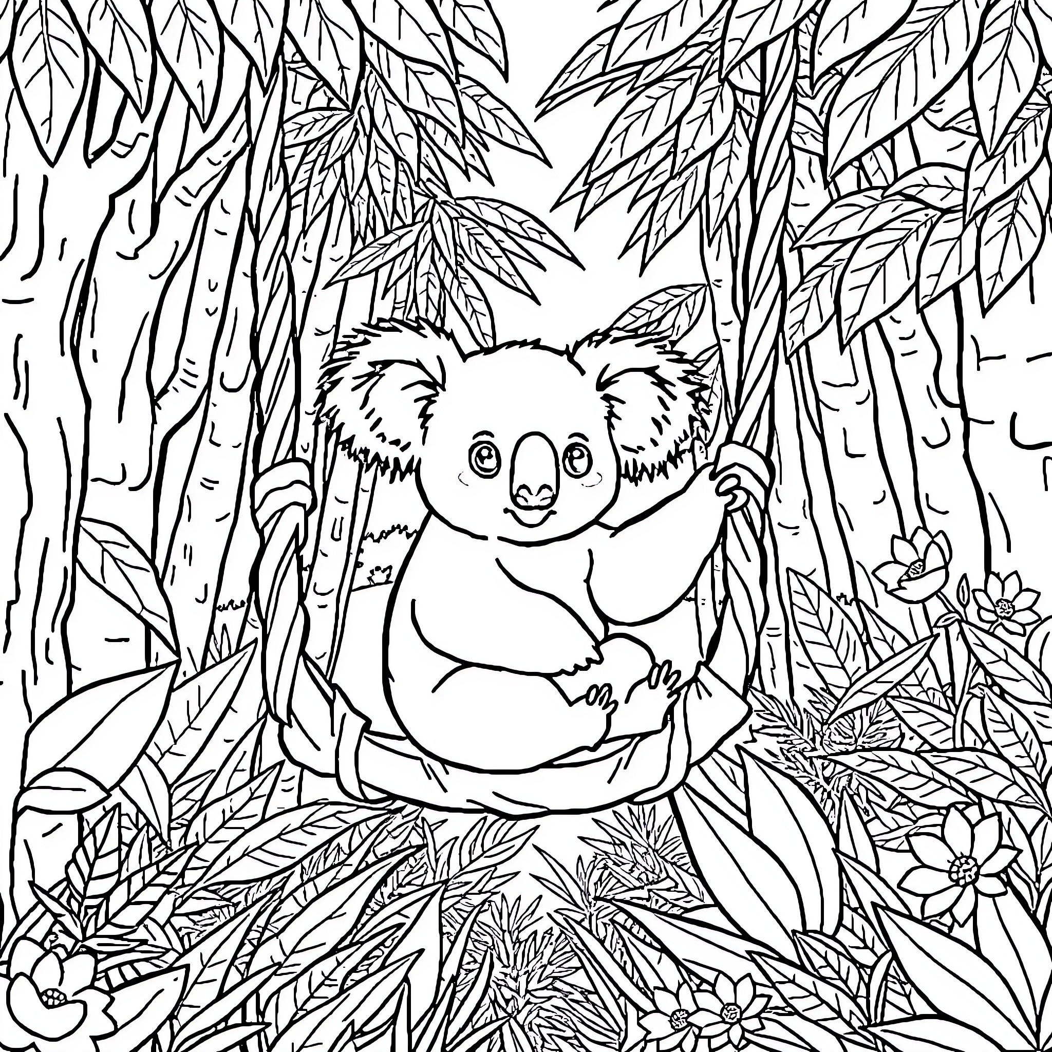 Koala sitting contentedly in forest surroundings Coloring Page (free black-and-white line drawing printable PDF for all, from beginners to advanced learners, including children, teens, adults, and seniors)