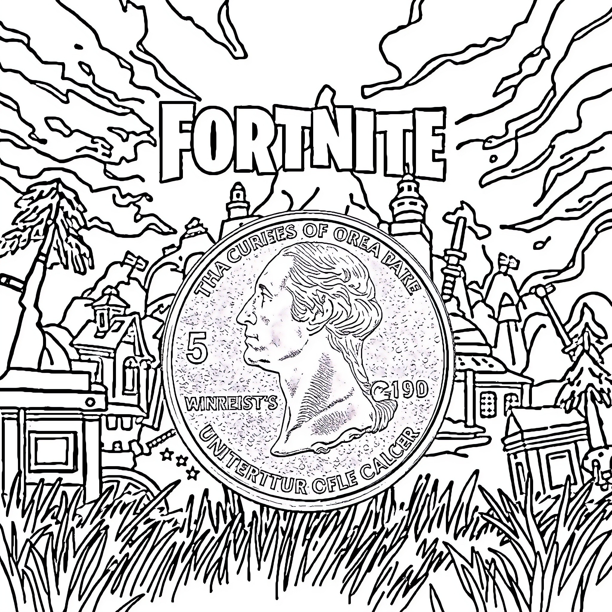Quarter Fortnite game landscape illustration Coloring Page (free black-and-white line drawing printable PDF for all, from beginners to advanced learners, including children, teens, adults, and seniors)